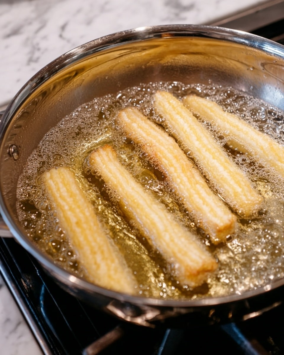 The image shows a shiny silver pan filled with hot bubbling oil where five long, light beige dough strips with ridges are being fried. The dough pieces float on the surface of the oil which has a glistening, bubbling texture all around them. The pan is set on a stove with a small part of a black oven rack visible, and the area around the stove has a white marbled texture. photo taken with an iphone --ar 4:5 --v 7