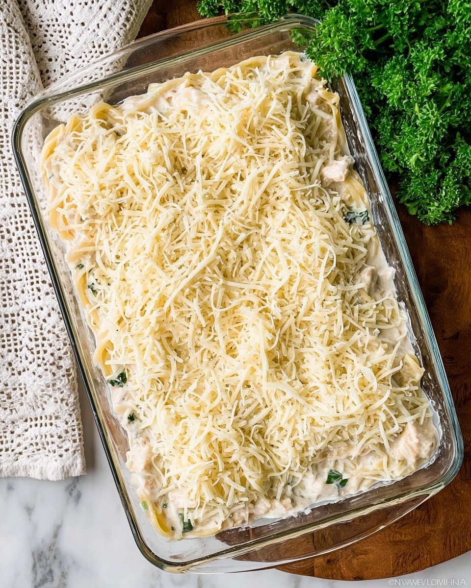 A glass rectangular baking dish filled with two layers: the bottom layer is creamy white pasta mixed with small green herbs and pieces of chicken, covered by a generous top layer of shredded pale yellow cheese and a light dusting of fine grated cheese, creating a soft, slightly textured surface. The dish is placed on a white marbled surface with a patterned white cloth nearby, and a bunch of fresh green parsley in the top left corner. Photo taken with an iphone --ar 4:5 --v 7
