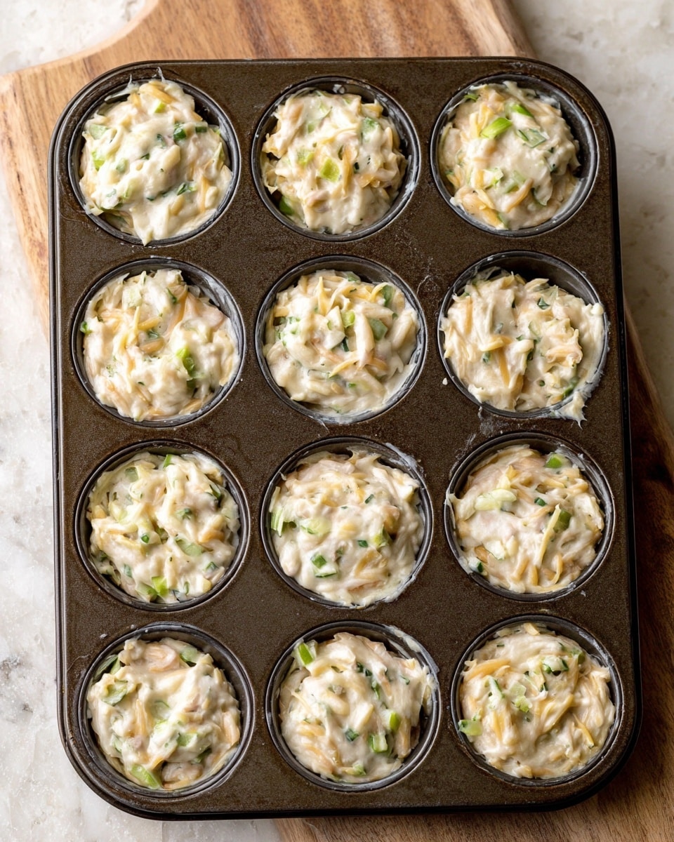 A dark metal muffin tray filled with twelve round sections of thick, creamy batter mixed with shredded light orange cheese and small pieces of green vegetables, all unevenly spread in each section. The batter has a pale off-white color with visible flecks of herbs and ingredients creating a textured, lumpy surface. The tray rests on a white marbled textured surface. photo taken with an iphone --ar 4:5 --v 7