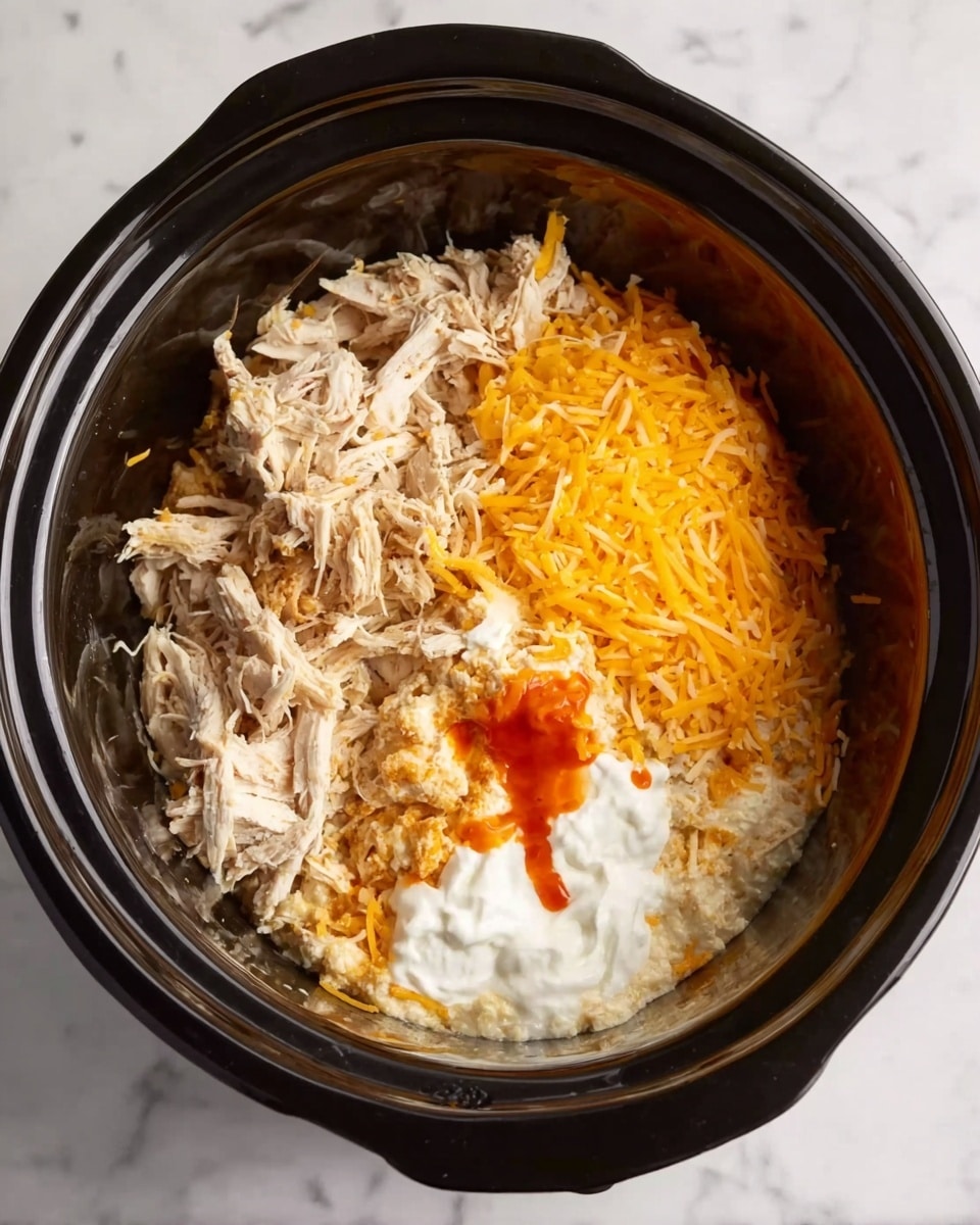 A top view of a black slow cooker filled with four visible layers of ingredients: shredded cooked chicken in off-white color on the left side, bright orange shredded cheddar cheese on the top right, a light beige creamy mixture on the bottom right, and a dollop of white sour cream with a splash of bright orange hot sauce on top, all placed on a white marbled surface. photo taken with an iphone --ar 4:5 --v 7