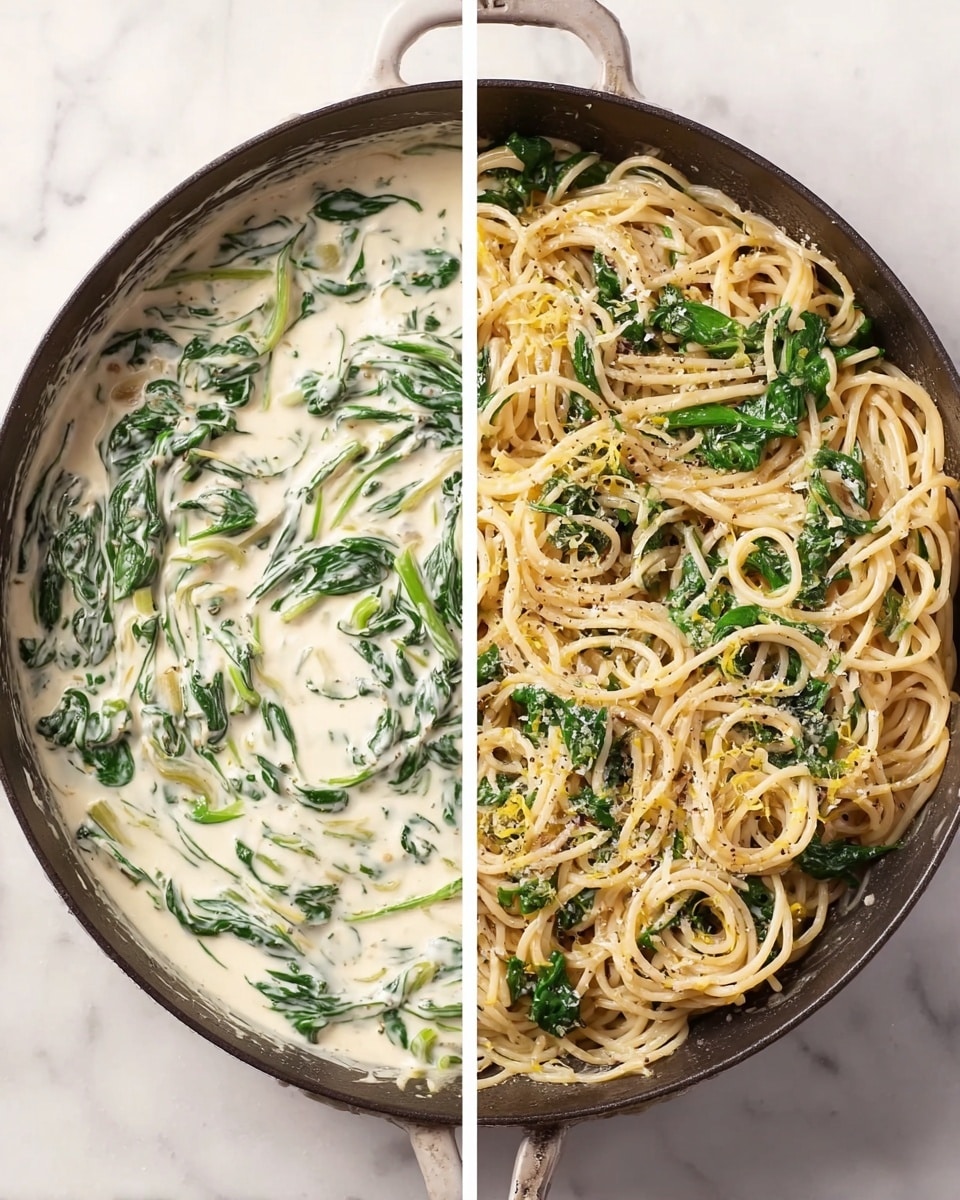 The image shows two views of a dark skillet on a white marbled surface. The left side has a creamy white sauce with green spinach leaves mixed inside, creating a smooth and slightly thick texture with swirls of green throughout. The right side shows cooked spaghetti mixed into the same creamy spinach mixture, with the spaghetti strands light beige, twisted and layered around the skillet. Green spinach leaves are spread evenly through the pasta, and small specks of black pepper and maybe some zest or light yellow bits are scattered on top, giving a textured look. Photo taken with an iphone --ar 4:5 --v 7