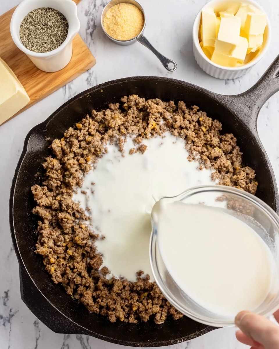 A top view of a black cast iron skillet filled with browned ground meat pieces as the bottom layer, with white milk being poured from a clear bowl as the second layer covering part of the meat. The skillet is placed on a white marbled surface. Around the skillet, there are small containers, one with ground black pepper on a wooden board, a small white container, a dish of yellow butter, and a measuring spoon with light brown powder. A woman's hand is holding the clear bowl pouring the milk. The overall scene is bright and clear, showing a cooking preparation stage. photo taken with an iphone --ar 4:5 --v 7