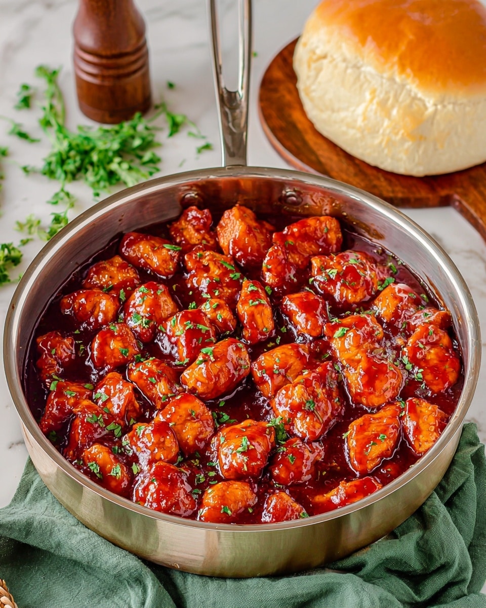A shiny metal pan filled with many pieces of orange chicken evenly coated in a thick, rich, dark red sauce, sprinkled with small green herb bits on top, sitting on a white marbled surface with a green cloth beneath one side; in the background to the right, there is a round golden brown bun on a wooden board and a brown pepper grinder on the left, with fresh green herbs placed above the pan's handle photo taken with an iphone --ar 4:5 --v 7