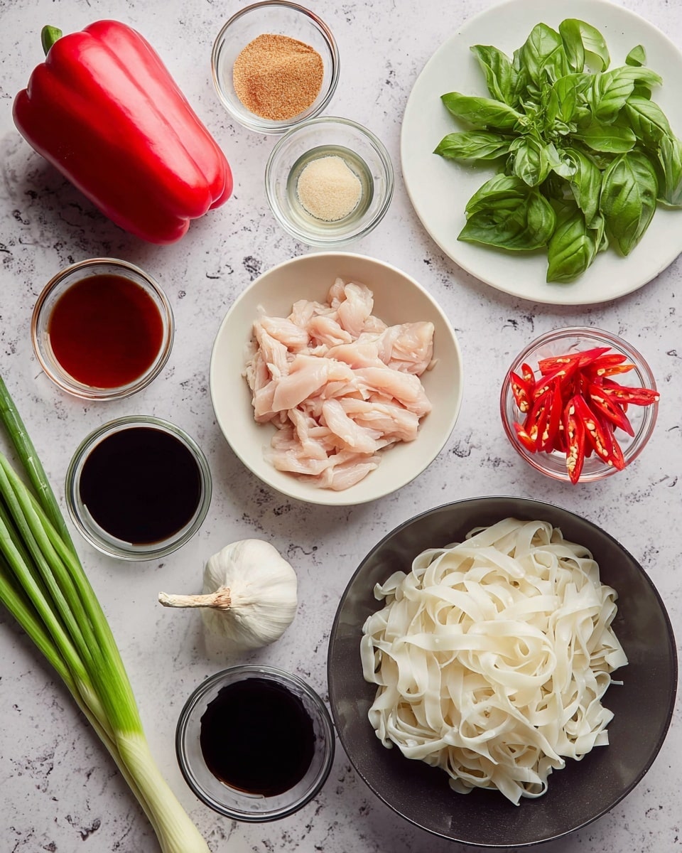 The image shows ingredients for cooking arranged on a white marbled surface. There is one white bowl in the center with sliced raw chicken, and below it slightly to the right is a dark bowl filled with flat white noodles. To the top right, green fresh basil leaves lay on a white plate. Near the center top are two small clear glass bowls with brown sugar and clear liquid. Around these, there are small white bowls with dark and light sauces. A large red bell pepper is on the left side, with fresh green onions diagonally below it. Near the bottom center is a whole white garlic bulb, and to the right, a small black bowl holds red chili peppers. Photo taken with an iphone --ar 4:5 --v 7
