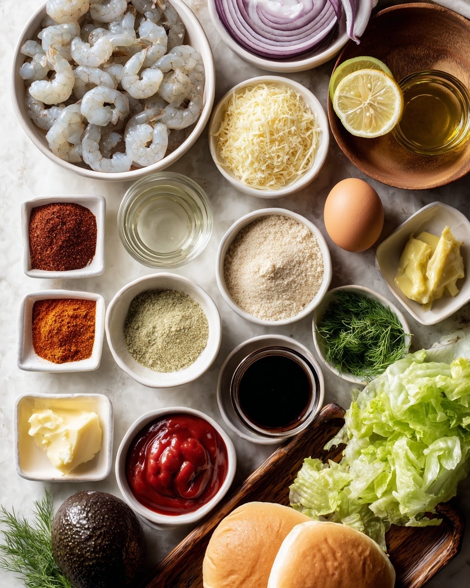 A top-down view shows a collection of raw cooking ingredients neatly arranged on a white marbled surface. In the top left, white raw shrimp with greyish tones lie in a white bowl. To the right, a small wooden bowl holds light brown breadcrumbs with a sandy texture. Small white bowls nearby contain pale yellow minced garlic, grated Parmesan cheese, and finely chopped purple onion. An egg sits beside the garlic. Other small white dishes contain bright orange paprika, reddish-brown Old Bay seasoning, light tan garlic powder, and brown-black pepper. A halved lemon adds a splash of yellow. Dark Worcestershire sauce fills a clear small cup. Fresh green dill rests in a white bowl, while a small square dish holds pale yellow butter. Red ketchup, green sweet relish, and deep red hot sauce are each set in small white dishes. Fresh produce includes a ripe red tomato, a dark green avocado, bright green lettuce leaves, and two soft sandwich buns placed on a small wooden tray below all the ingredients. photo taken with an iphone --ar 4:5 --v 7