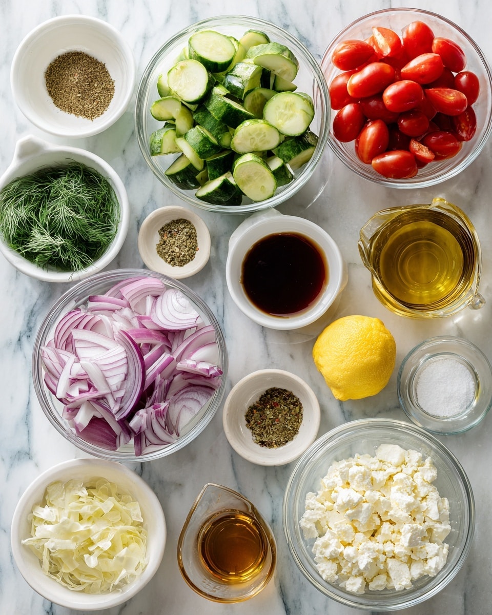 The image shows several clear bowls arranged neatly on a white marbled surface, each filled with different salad ingredients. At the top left is a bowl of chopped cucumbers, dark green outside with light green inside, next to a bowl of halved bright red cherry tomatoes. Below them, a bowl holds thinly sliced red onions with a smooth texture and purple-white rings. Surrounding these larger bowls are smaller white bowls and glass containers with various items: fresh green dill, a mix of seasoning in brown tones, golden honey, white crumbly feta cheese in a bowl, and minced pale yellow garlic. There is also a glass measuring cup with golden olive oil, a small glass cup with deep red wine vinegar, a small bowl of creamy Dijon mustard, salt and pepper in a clear bowl, and half a fresh lemon showing its bright yellow inside. The colors stand out cleanly against the white marbled surface. Photo taken with an iphone --ar 4:5 --v 7