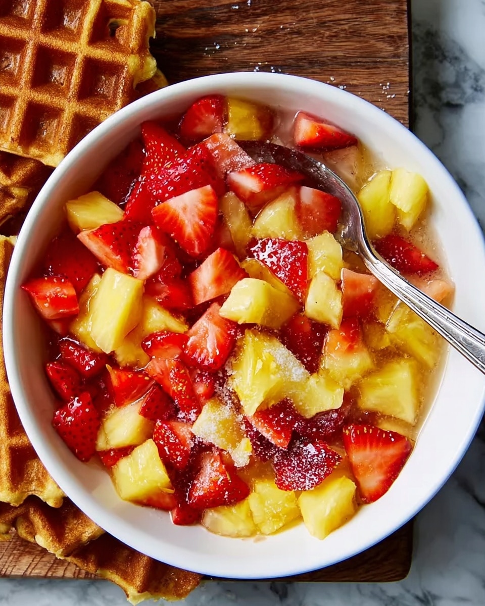 A white bowl filled with a colorful mixture of diced yellow pineapple and sliced red strawberries, with a light sprinkling of white sugar on top, sitting on a wooden surface next to golden brown waffles. A silver spoon rests inside the bowl, partially submerged in the fruit. The bowl is placed on a white marbled texture surface. Photo taken with an iphone --ar 4:5 --v 7