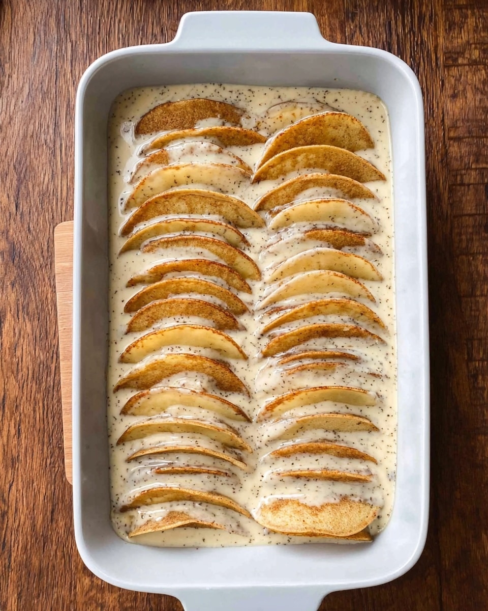 The image shows a clean white rectangular baking dish filled with two rows of thinly sliced, evenly arranged orange sweet potato slices standing on their edges. The slices are layered vertically in overlapping rows, creating a neat, slightly curved pattern. The potatoes sit in a creamy, pale sauce speckled lightly with herbs. The baking dish is placed on a wooden surface. The scene is bright and clear, highlighting the smooth texture of the sauce and the soft edges of the sweet potatoes. photo taken with an iphone --ar 4:5 --v 7