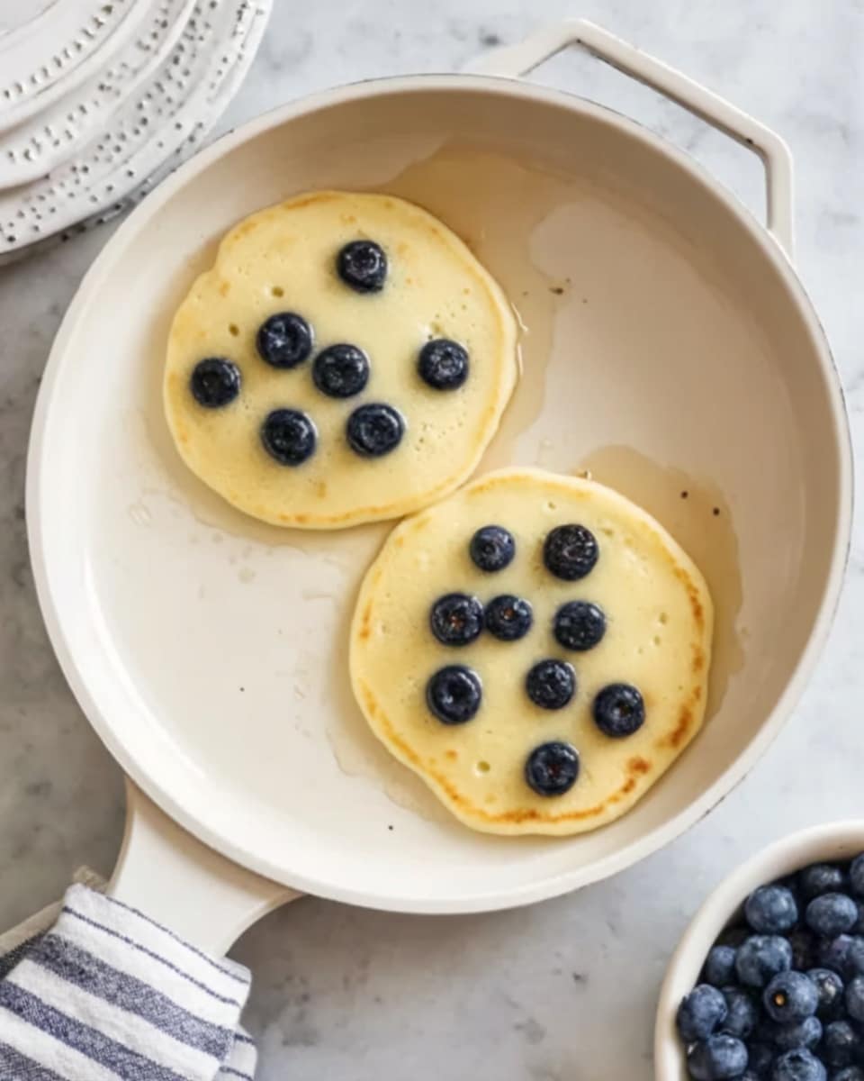 In a white pan, two small, pale yellow pancakes are cooking side by side. Each pancake has several dark blue blueberries scattered and embedded on top, five on the upper pancake and six on the lower one. The pan sits on a white marbled surface with a striped cloth visible at the bottom left and a bowl of fresh blueberries at the bottom right. The lighting is soft and natural, highlighting the smooth texture of the pancakes and the shiny skin of the blueberries. photo taken with an iphone --ar 4:5 --v 7
