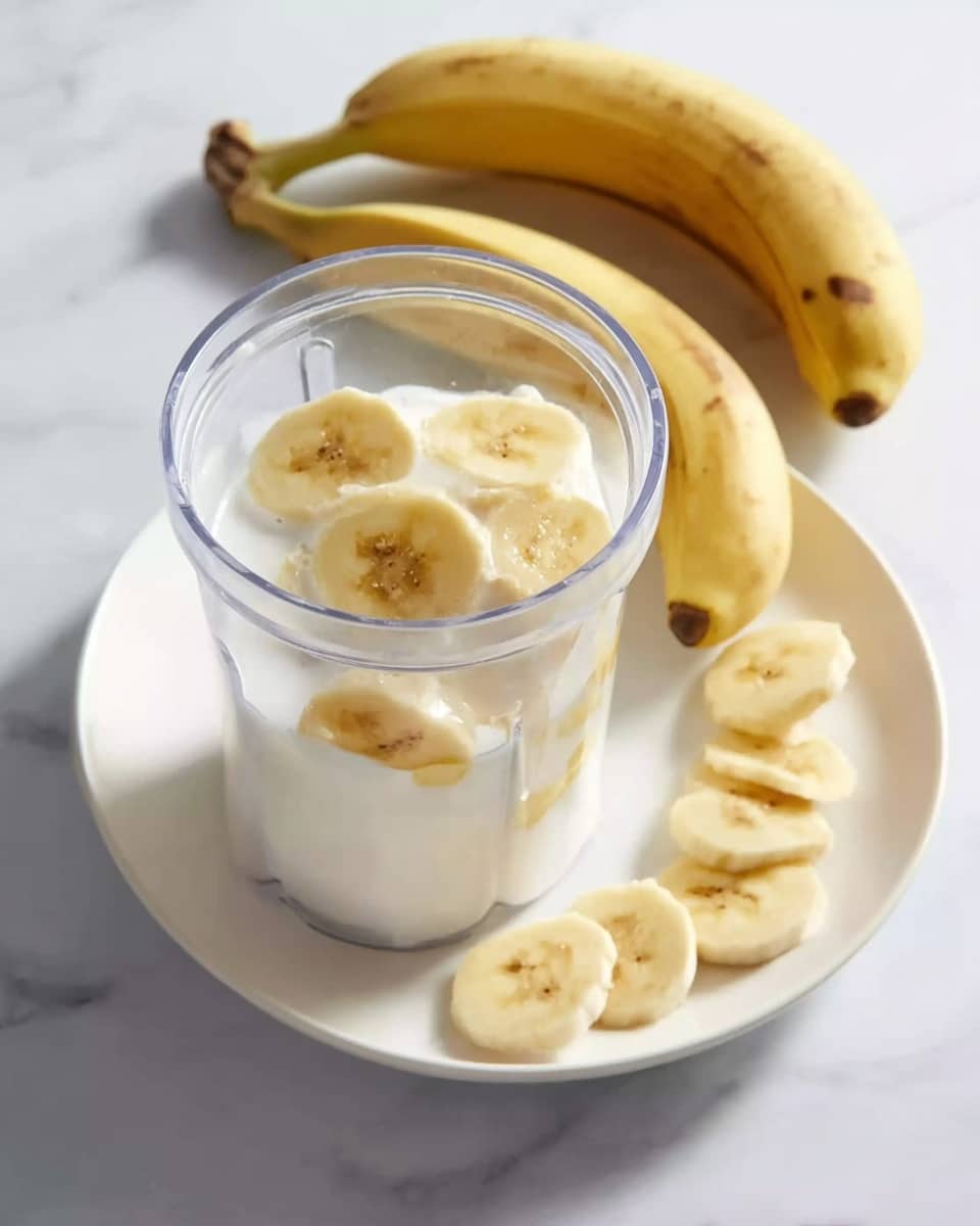 A clear blender cup is filled with a layer of white milk at the bottom, with round slices of yellow banana floating inside, some partially submerged. Behind the cup, on a white plate, there are whole yellow bananas with brown spots on the peel and several banana slices arranged in a loose pile. The scene is set on a white marbled surface, giving a clean and bright look. photo taken with an iphone --ar 4:5 --v 7