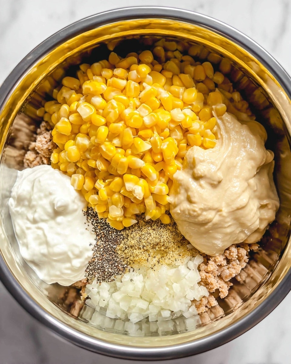 A close-up view inside a shiny metal bowl shows five main layers of ingredients separated but touching each other. At the center top is a large pile of bright yellow corn kernels with a smooth texture. To the right of the corn is a thick, beige creamy sauce with a slightly glossy look. Below the corn and sauce is a mix of small, finely chopped white onions and a sprinkle of black pepper and other spices with a grainy and uneven texture. To the left of the onions, near the bottom left, is a dollop of thick, white creamy mayonnaise. Finally, behind the mayonnaise and slightly under the corn is a bed of crumbly light brown cooked ground meat. The bowl sits on a white marbled surface. Photo taken with an iphone --ar 4:5 --v 7