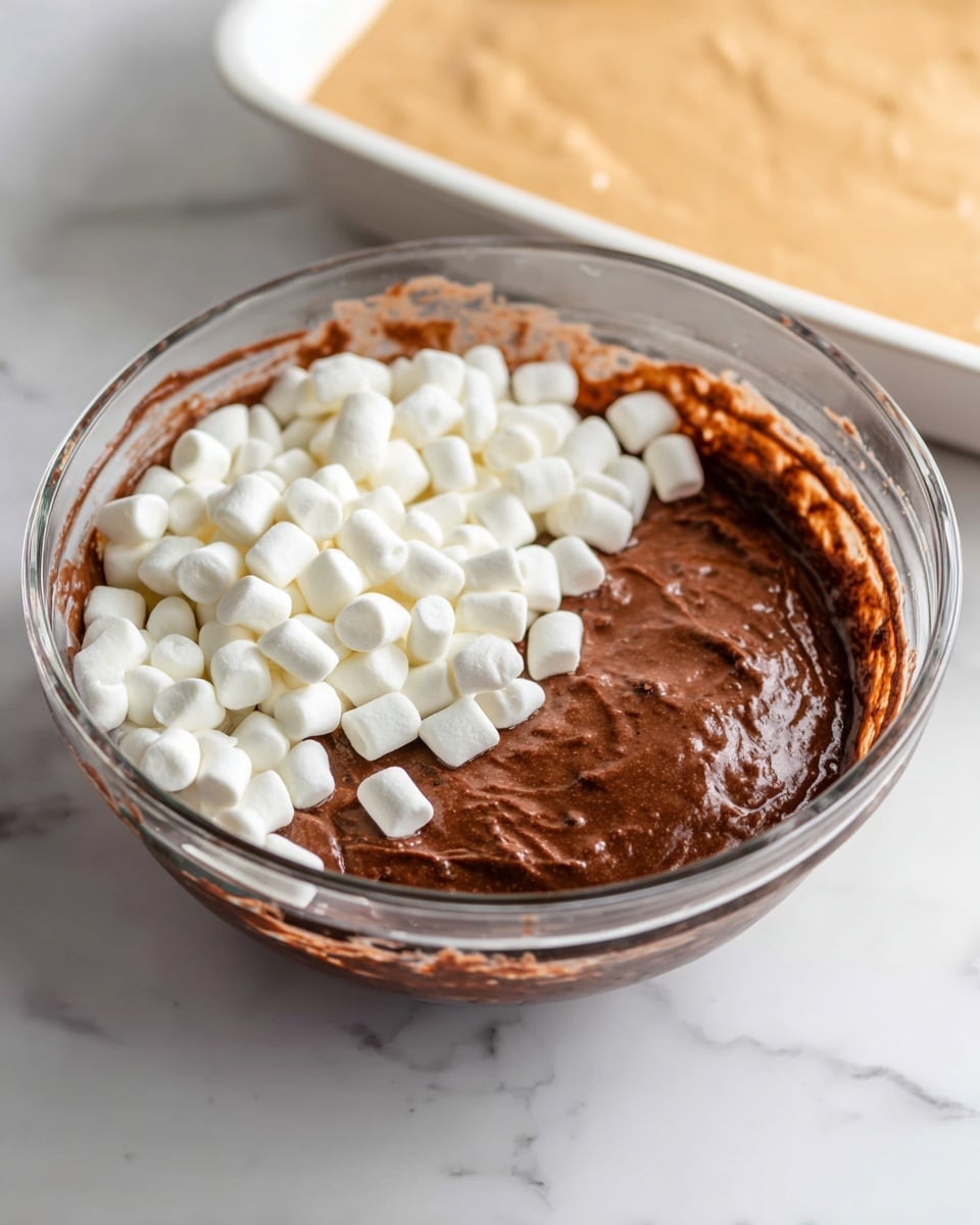 This image shows a clear glass mixing bowl placed on a white marbled surface. Inside the bowl, there is a thick, dark brown chocolate batter filling most of the bowl. On top of the batter, a layer of white mini marshmallows is spread over one side, contrasting with the smooth, rich texture of the chocolate mixture. In the background, a baking dish with a creamy tan layer inside is visible but out of focus. The overall scene focuses on the mix of soft batters and marshmallows in the bowl. photo taken with an iphone --ar 4:5 --v 7