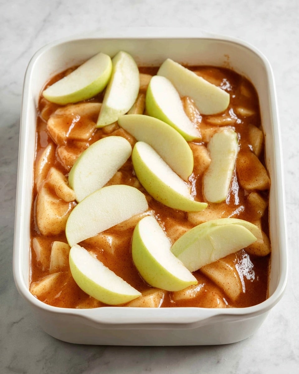 A white ceramic baking dish filled with two layers; the bottom layer consists of soft, sliced apples coated in a thick, shiny cinnamon sauce with a light brown color and smooth texture, covering the entire base evenly. The top layer has several fresh, pale green apple slices placed randomly over the sauced apples, showing their smooth skin and crisp texture. The dish is set on a white marbled surface. photo taken with an iphone --ar 4:5 --v 7