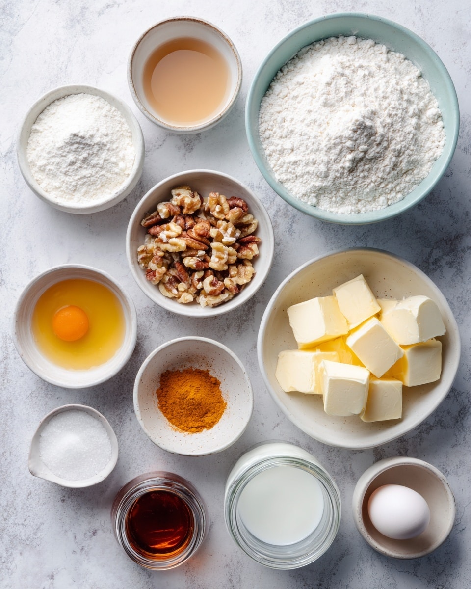 The image shows two sets of white bowls and small containers on a white marbled surface, each holding different baking ingredients. On the left side, from top to bottom, there is a bowl filled with white powder, a bowl of light brown liquid, a bowl with chopped nuts in an earthy color mix, a bowl with light yellow butter chunks, and a bowl holding a darker amber liquid. On the right side, there is a large bowl filled with white flour, a very small bowl with orange powder, a tiny bowl with white powder, a glass jar with dark amber syrup, a small clear container with white liquid, a white bowl with light yellow butter chunks, a small white bowl with white sugar, a raw white egg, and a small container holding a very light brown liquid. The bowls and containers are neatly arranged in rows and the surface has a clean and fresh feel. photo taken with an iphone --ar 4:5 --v 7