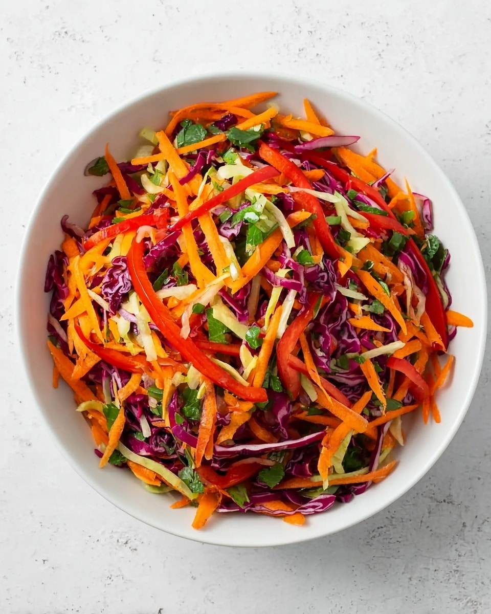 A bowl of fresh salad with thin layers of orange shredded carrots, purple shredded cabbage, bright red strips of bell pepper, and small pieces of green leafy herbs mixed evenly together. The vegetables show different textures, with the carrots and peppers looking crunchy and the cabbage appearing soft and crisp. The salad is in a white bowl, placed on a white marbled textured surface. photo taken with an iphone --ar 4:5 --v 7