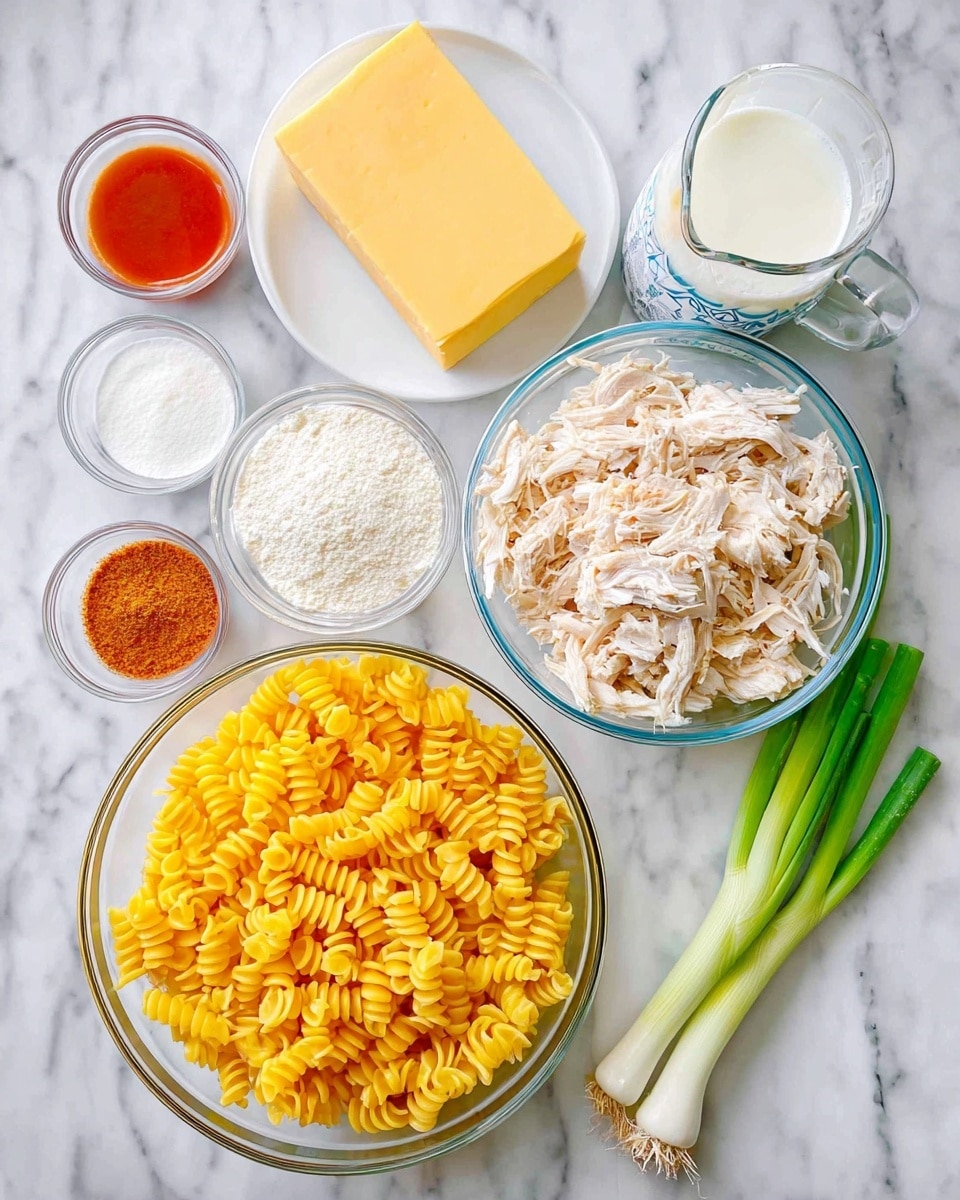 The image shows several clear glass bowls and white small bowls arranged on a white marbled surface. The largest bowl in the center holds bright yellow spiral pasta, with a second large bowl on the right filled with shredded white chicken seasoned with light brown spices. At the top, a white plate holds a block of yellow cheese. Around these are smaller white bowls with white flour and reddish-orange sauce. There is also a clear glass measuring cup filled with white milk, a silver wrapped block of butter nearby, and two long green onions lying on the right side. The colors are mainly yellow, white, green, and red, all on a clean white marble background. Photo taken with an iphone --ar 4:5 --v 7