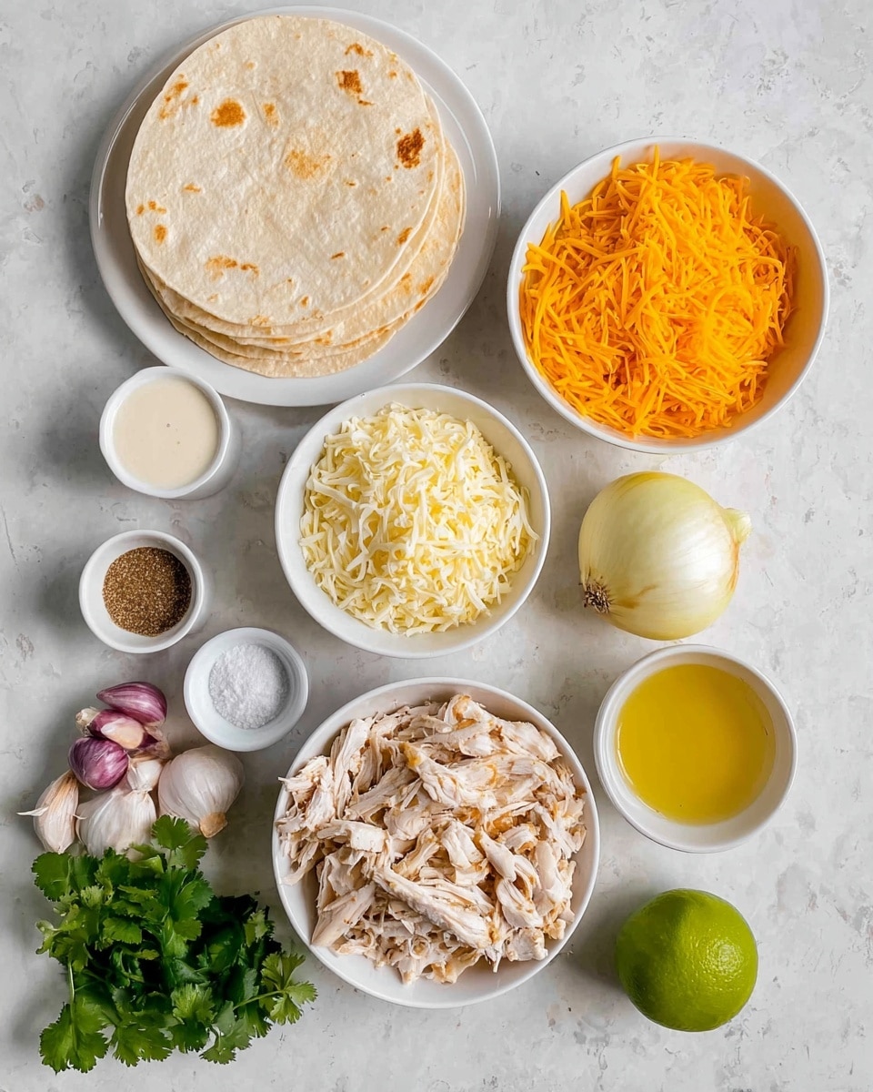The image shows a flat white plate with a stack of light beige tortillas at the top left. To the right, there are three white bowls arranged vertically: the top bowl contains shredded white cheese, the middle bowl holds bright orange shredded cheddar cheese, and the bottom bowl is full of shredded cooked chicken in light beige color. To the left of the chicken bowl, there is a small white bowl with a creamy white sauce and another small bowl with a dark pepper powder above it. Below, there is a small bowl with coarse salt, a green lime, two garlic cloves with purple and white skin, and a bunch of fresh green cilantro. At the bottom right corner, there is a small bowl with yellow olive oil. A whole white onion is placed between the grated cheese bowls and chicken near the right edge. All these items are set on a white marbled surface. Photo taken with an iphone --ar 4:5 --v 7