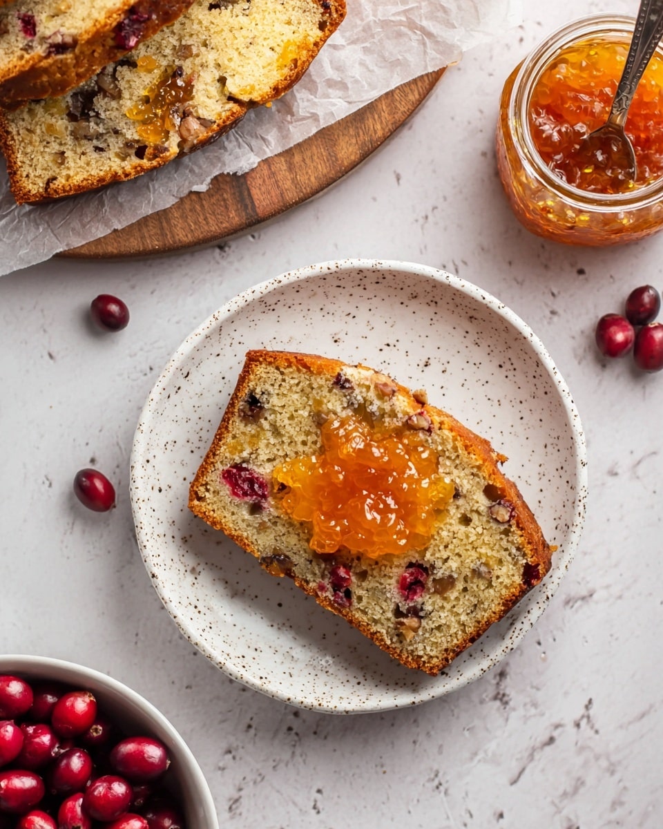A slice of light brown cake with visible pieces of dark walnuts and red cranberries is placed in the center of a white speckled plate; the cake has a soft and slightly crumbly texture. On top of the cake slice, there is a dollop of bright orange marmalade with a shiny, slightly chunky texture. To the left, part of two more cake slices on parchment paper rest on a wooden board. To the upper right, an open jar of the same orange marmalade with a spoon inside is visible. At the bottom left corner, a white bowl filled with whole fresh cranberries is partly shown. All items are set on a surface with white marbled texture. photo taken with an iphone --ar 4:5 --v 7