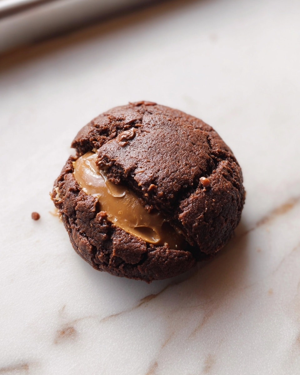 A single round cookie with a rough, cracked dark brown outer layer sits on a white marbled surface. It shows a middle layer of smooth, light brown filling that is slightly oozing out from the bottom center. The cookie's texture looks soft and dense with small grooves and chocolate bits. The background shows a blurred edge of a metal tray. Photo taken with an iphone --ar 4:5 --v 7