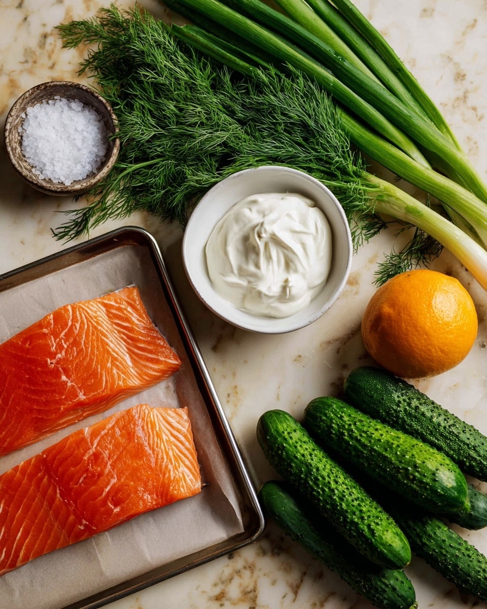 The image shows raw salmon fillet with bright orange skin and white fat lines placed in a silver tray at the bottom left. Above the tray, there is a small white bowl filled with thick white cream. Next to the bowl, fresh green dill sprigs lie on the white marbled surface. To the right of the dill, a bunch of green onions with white bulbs and long green tops lay diagonally. Near the green onions, there is a single orange lemon with a smooth peel. Further right, a pile of small green cucumbers with bumpy skin is arranged. In the top left corner, a white bowl holds coarse white salt. The background is a white marbled texture. The photo looks warm and natural with soft light. Photo taken with an iphone --ar 4:5 --v 7