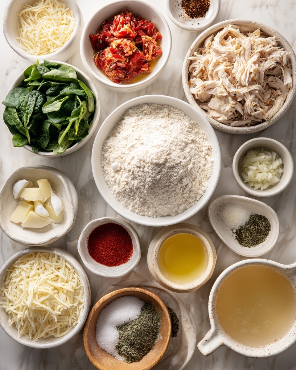 The image shows many small white bowls and cups arranged closely on a white marbled surface, each filled with different ingredients. In the center, a medium white bowl holds a large amount of all-purpose flour, its pale powdery texture visible. Surrounding it are bowls with shredded mozzarella and Parmesan cheese, shredded chicken, fresh bright green spinach leaves, crumbly paprika powder, small dried tomatoes, and a pale yellow cup of chicken broth. Smaller containers have minced garlic, chopped white onion, olive oil, butter, heavy cream, cane sugar, oregano, ice-cold water in a light beige cup, and a wooden bowl holding salt. Each ingredient is displayed clearly with varied colors and textures, creating a neat and organized layout. Photo taken with an iphone --ar 4:5 --v 7