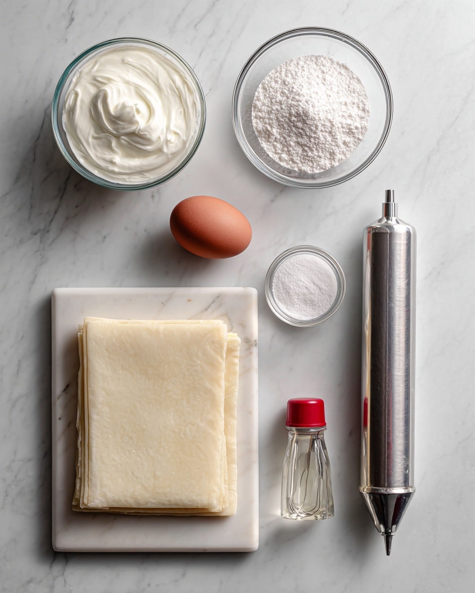 The image shows ingredients for a recipe arranged neatly on a white marbled surface. At the top left, there is a glass container filled with whipping cream, next to a brown egg in the center. To the top right, a clear glass bowl holds powdered sugar. Below the egg and cream, there is a small bottle filled with clear vanilla extract with a red cap. Also included is a silver piping bag with a metal tip resting on the right side. On the bottom half of the image, two layers of puff pastry sheets are placed on a white cutting board, one stacked slightly over the other. photo taken with an iphone --ar 4:5 --v 7