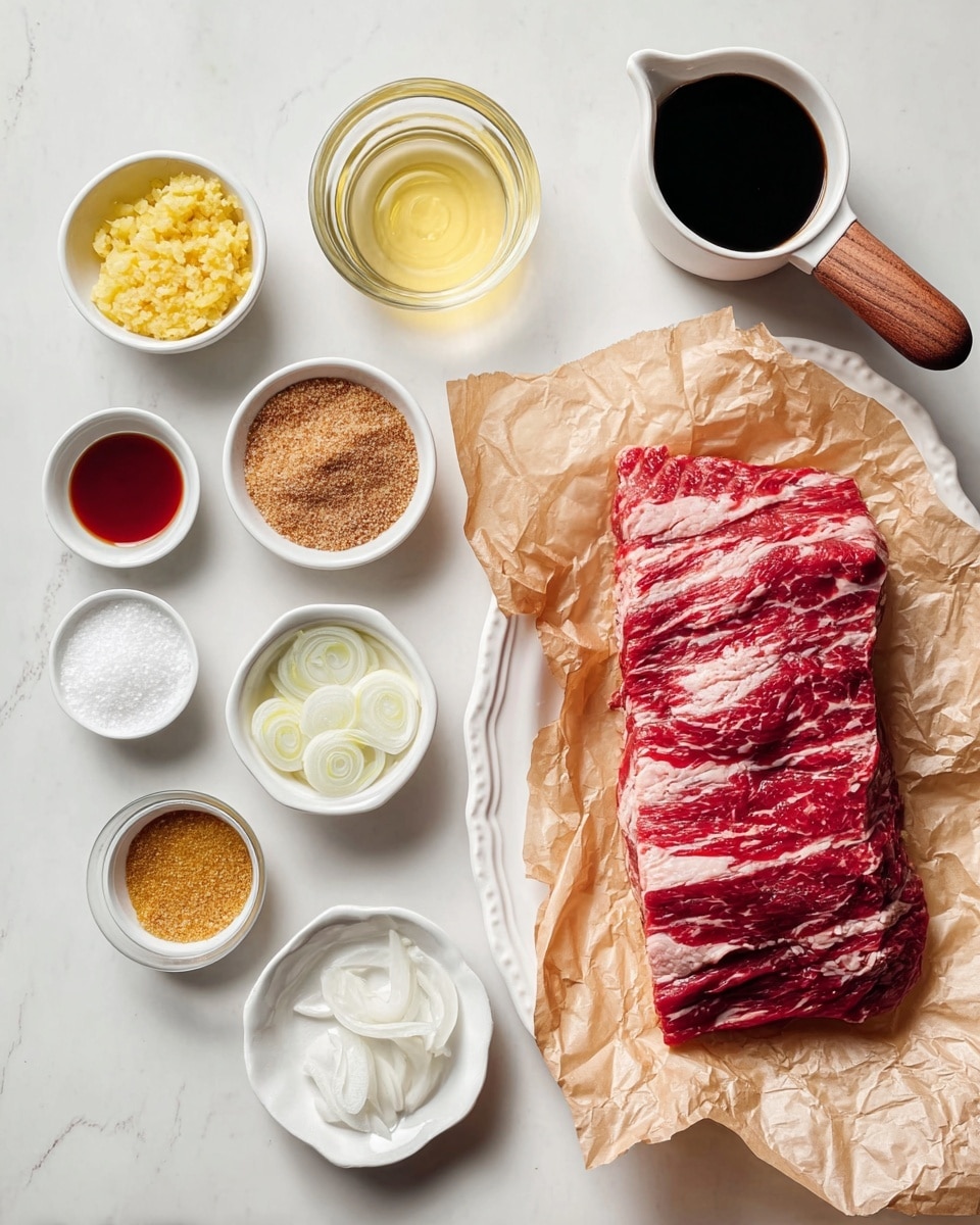The image shows a piece of raw red beef with white fat marbling layered on crumpled light brown paper, placed on a white plate with delicate edges on the right side of the image. To the left, there are nine small white bowls and glass cups arranged in three rows on a white marbled surface. From top to bottom in the left column, there is minced light yellow ginger in a bowl, a glass cup with pale yellow liquid, brown sugar in a bowl, a small bowl with red sauce, and minced yellow ginger in a bowl. In the middle column, there is a small bowl with white powdered spice and a bowl with thinly sliced white onions. At the top of the right column is a small pitcher with dark soy sauce and a wooden handle, and at the bottom left corner, the edge of another small bowl is visible. photo taken with an iphone --ar 4:5 --v 7