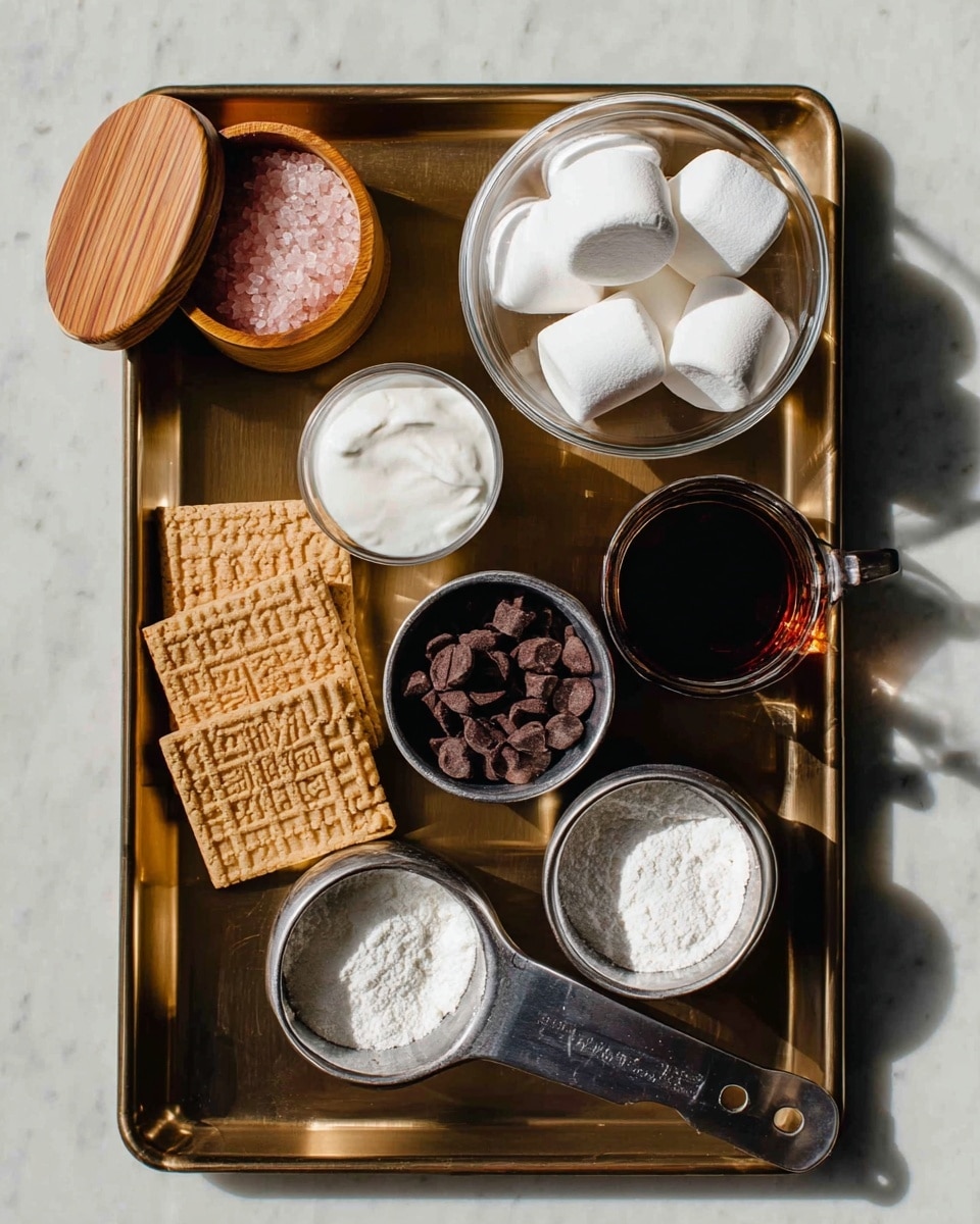 A metal tray holds six ingredients organized neatly: At the top left is a wooden container with a round lid slightly open, showing pink salt inside. To the right, a clear glass bowl contains four large white marshmallows. Below, from left to right, are a metal cup filled with white cream, a metal cup with dark chocolate chips, a metal cup with light brown square cookies that have a pattern on top, a small glass cup with a dark liquid, and two metal scoops filled with white powder. The tray and the ingredients are shown on a white marbled textured surface. photo taken with an iphone --ar 4:5 --v 7