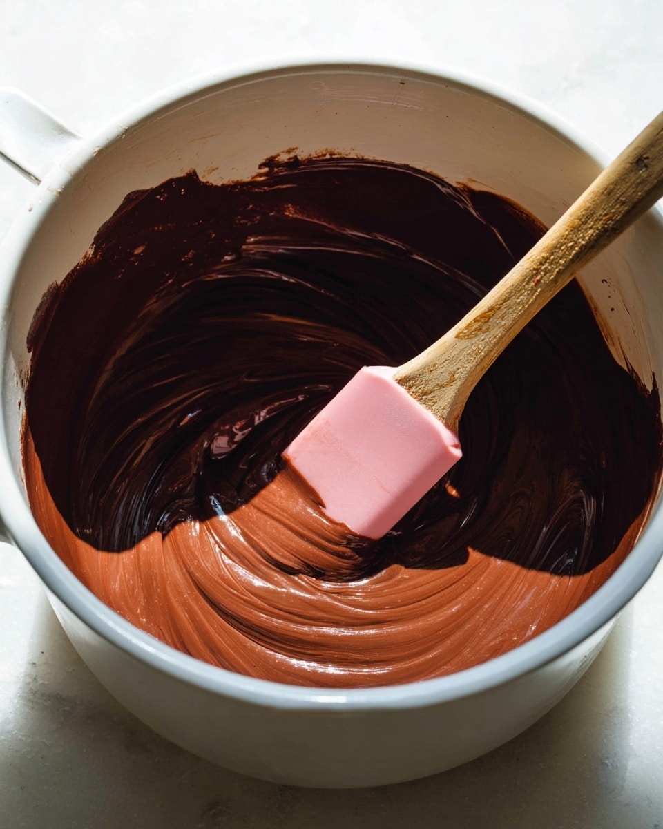 A close-up view of a white pot filled with two layers of melted chocolate, the top layer being a lighter, milk chocolate brown with a smooth and glossy texture, and the bottom layer a darker, rich chocolate brown with a shiny surface. A pink silicone spatula with a worn wooden handle is partially submerged in the chocolate, blending the two layers together in swirling motions. The pot sits on a white marbled surface with soft natural lighting shining from the side, highlighting the creamy texture of the chocolate. photo taken with an iphone --ar 4:5 --v 7