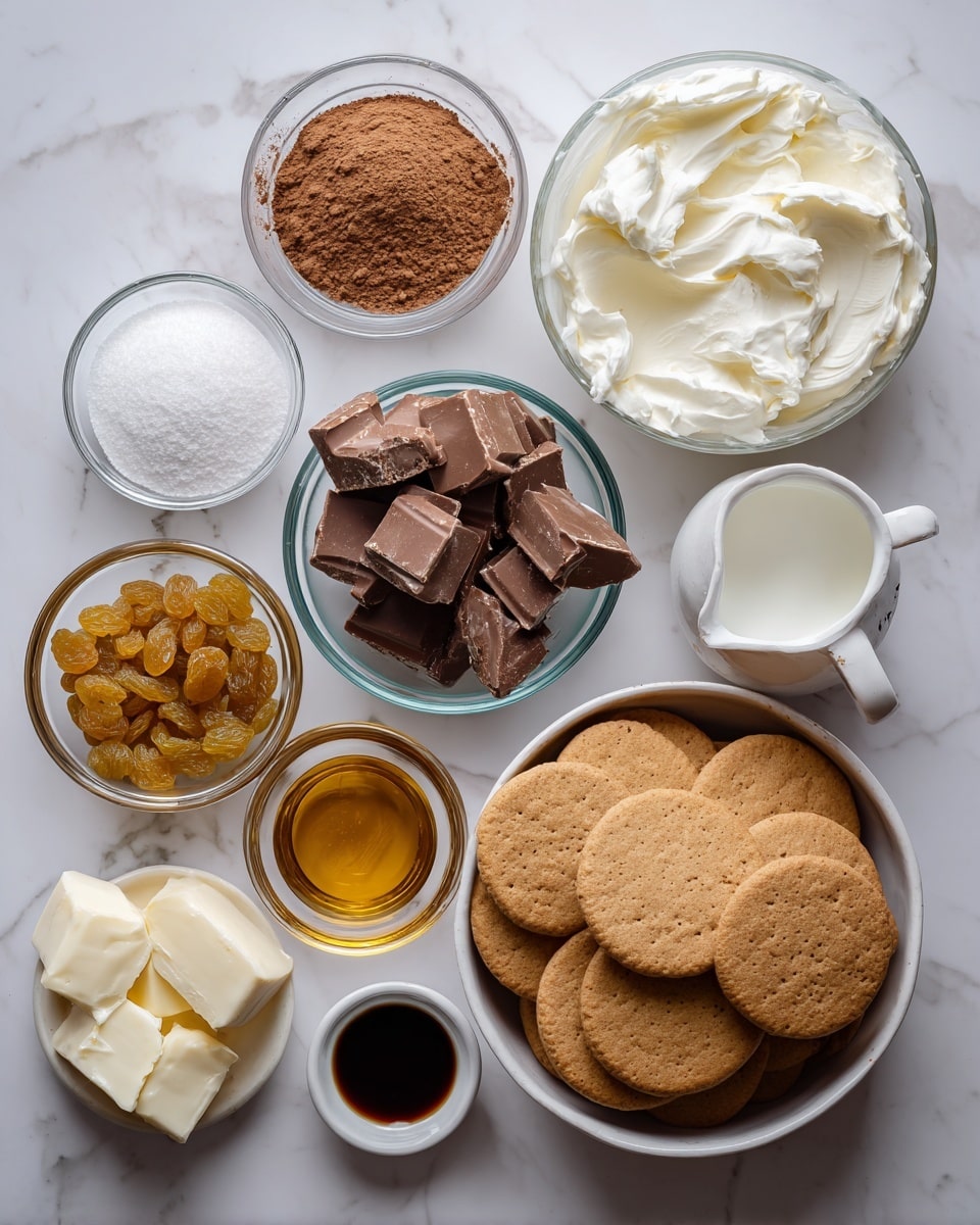 The image shows an arrangement of ingredients on a white marbled surface, each in a clear bowl or white measuring cup. There is a large clear bowl filled with whole round digestive biscuits at the bottom right. Above it, a medium-sized clear bowl contains white creamy butter. To the right of the butter, a small clear bowl holds semi-sweet chocolate pieces that are broken into chunks. Near the top right, a white 1/2 cup measuring cup holds heavy whipping cream. Next to it, a small clear bowl is filled with golden raisins. On the top left, a small clear bowl contains white salt. Below it, a medium-sized clear bowl holds unsweetened cocoa powder. Near the bottom left, a small clear bowl contains golden syrup, and to its right, a tiny white cup holds dark vanilla extract. The ingredients are spread out evenly on the surface, with text labels pointing to each one. photo taken with an iphone --ar 4:5 --v 7