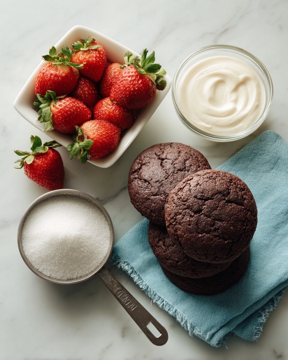 A group of six dark brown chocolate buttermilk biscuits with a textured surface, stacked together on a blue cloth napkin placed on a white marbled surface is positioned on the top right. To the left, there is a white square bowl filled with fresh red strawberries with green leaves. Below the bowl, there is a small metal measuring cup filled with white confectioners' sugar. To the right of the cup, a clear glass bowl contains white granulated sugar, and next to it on the right is a clear glass cup filled with heavy cream. All items rest on the white marbled surface. photo taken with an iphone --ar 4:5 --v 7