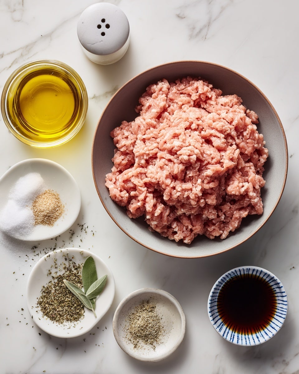 A top view of raw ground turkey in a round grey bowl placed on a white marbled surface, surrounded by several small containers: a clear glass jar with yellow olive oil, a white salt container with salt inside, a white pepper grinder, a small white bowl with two piles of dried sage and garlic powder, and a small round blue and white bowl filled with dark brown maple syrup. Each ingredient is neatly arranged around the bowl of ground turkey, all on a clean white marbled background. Photo taken with an iphone --ar 4:5 --v 7
