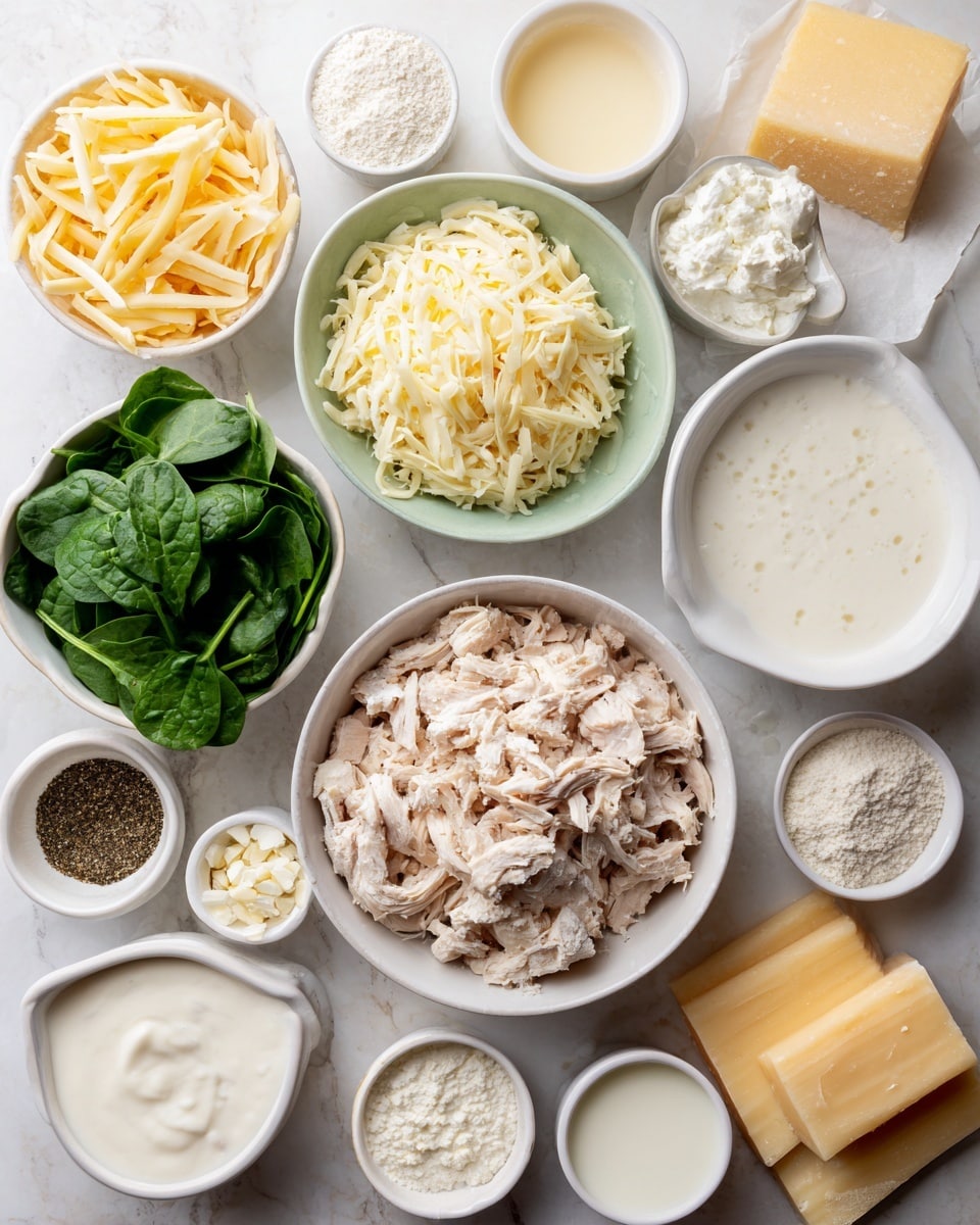 The image shows multiple white bowls and cups arranged on a white marbled surface, each containing different ingredients for a recipe. There is a large white bowl filled with shredded light pink chicken pieces near the center-right. To its left, a smaller white bowl holds a heap of shredded pale yellow mozzarella cheese, and above that is a light green bowl filled with bright green fresh spinach leaves. Around these main bowls are smaller white dishes containing light off-white ricotta cheese, black and brown Italian seasoning, white all-purpose flour, and pale yellow butter. There are also several white bowls with white heavy cream, light yellow milk, granulated white salt, and grated beige Parmesan cheese. Garlic cloves and powder, paprika, pepper, and lasagna sheets in pale yellow stacked neatly complete the layout. Photo taken with an iphone --ar 4:5 --v 7