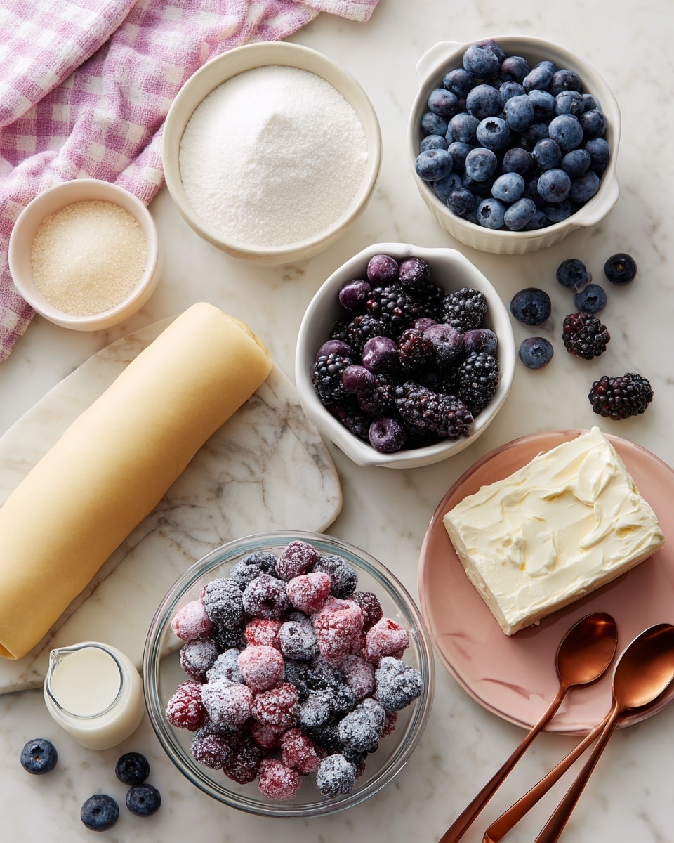 The image shows ingredients neatly arranged on a white marbled surface. There is one layer of rolled dough in the middle, light beige in color and smooth. Nearby, a small white bowl holds granulated sugar with a fine grainy texture. Above that, another white bowl contains powdered sugar, soft and powdery white. A clear glass bowl near the bottom center is full of mixed berries coated lightly with powdered sugar, showing different shades of dark purple and red. To the top right, a white ramekin is filled with fresh blueberries and a few blackberries, with deep blue and black tones. A small glass cup with milk, pure white and creamy, sits beside a block of cream cheese in silver packaging. Scattered around are loose blueberries and blackberries adding extra detail. Two copper-colored spoons lie on the lower right side, shiny and reflective. A peach-colored plate is partially visible on the top left, and a pink and white checkered cloth is at the bottom left. photo taken with an iphone --ar 4:5 --v 7