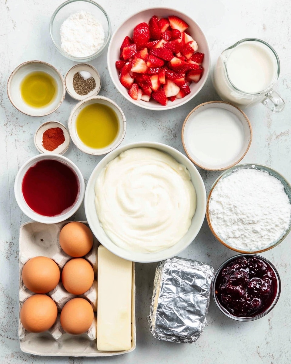The image shows a flat layout of various ingredients on a white marbled surface. There are small white bowls filled with olive oil, sugar, salt, and spices. A large white bowl contains a thick white cream, next to a white bowl of bright red chopped strawberries. A clear glass jug holds milk, and another white bowl has a purplish berry jam. A gray bowl is filled with white powdered sugar, while a rectangular block of cream cheese is partially wrapped in silver foil. Four brown eggs rest in a white tray beside these ingredients. The colors are mostly neutral whites and browns, with spots of red and purple from the strawberries and jam. photo taken with an iphone --ar 4:5 --v 7