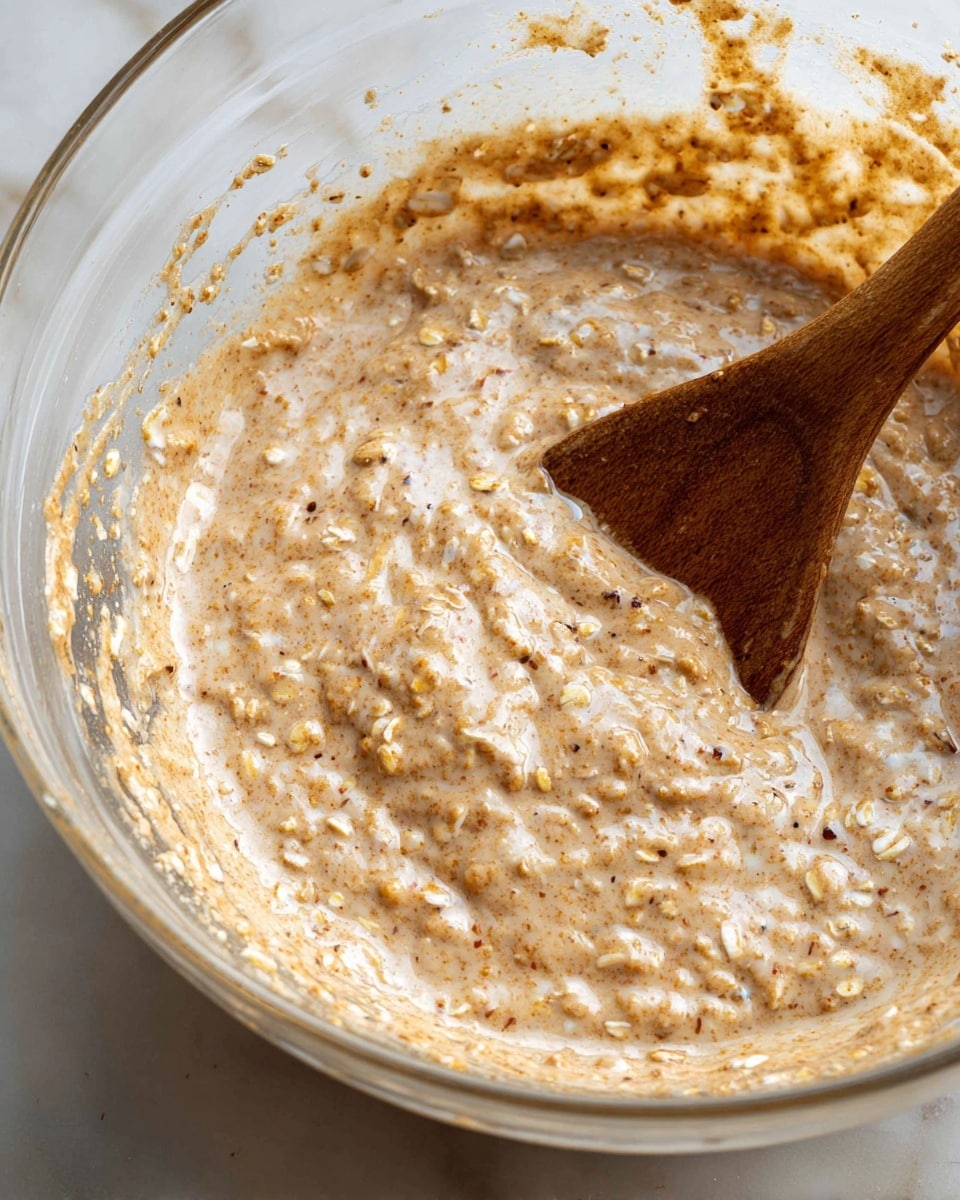 A close-up view of a clear glass bowl filled with a mixture that has a creamy light brown color with specks of darker brown and small oat pieces throughout. The surface texture appears thick and slightly chunky, with a wooden stirring spoon partially submerged in the mixture on the right side of the bowl. The edges of the bowl have a small splash of the mixture, and the background shows a white marbled texture. photo taken with an iphone --ar 4:5 --v 7