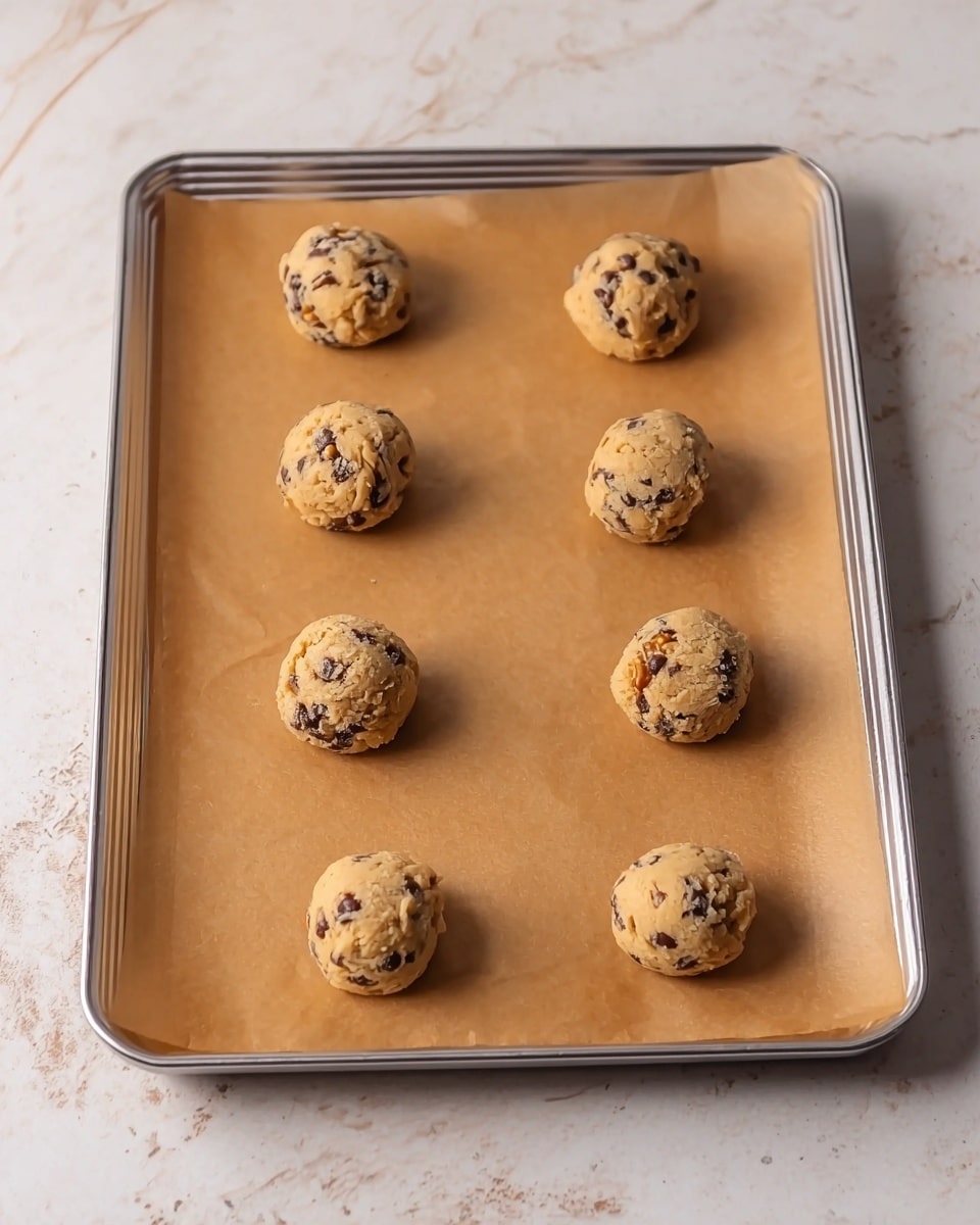 There are six round cookie dough balls placed evenly in two rows on a sheet of brown parchment paper. The parchment paper is on a silver baking tray with ridged edges. The dough is light brown with visible small dark chocolate chips and some nut or toffee pieces mixed in. The background surface has a white marbled texture. photo taken with an iphone --ar 4:5 --v 7