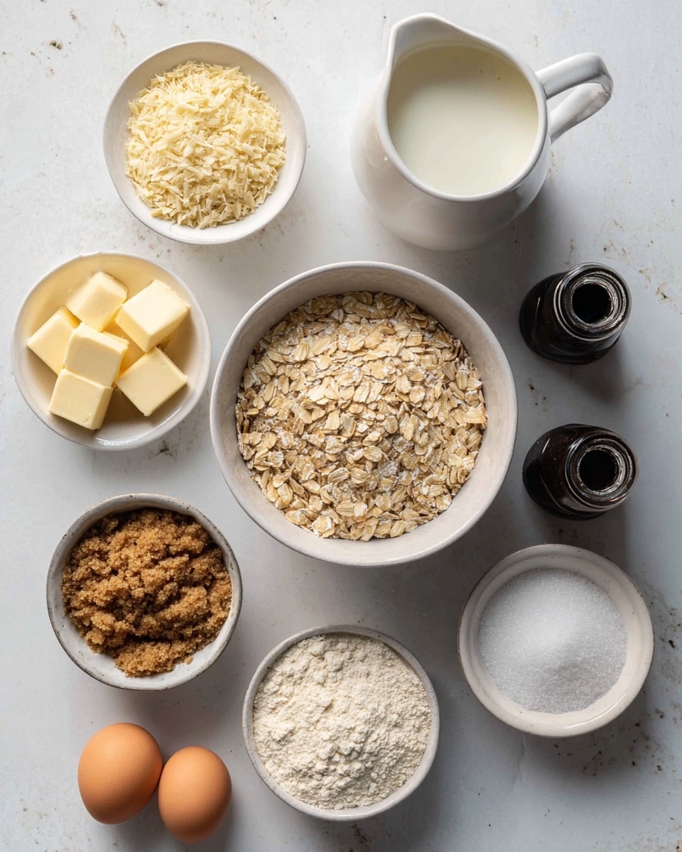 An overhead view showing eight white bowls and containers on a white marbled surface. The largest bowl in the center holds light brown rolled oats with a rough texture. Surrounding it, there are seven smaller bowls and containers: one with thick white milk in a jug with handle, one with light yellow almond flakes, one filled with light beige flour that looks powdery, another with dark golden brown sugar that is crumbly, one with fine white granulated sugar, a small bowl with several square pieces of pale yellow butter, and two brown eggs placed directly on the surface. Two small dark bottles with black caps sit near the milk jug. The items are spaced neatly and the lighting is soft and natural. Photo taken with an iphone --ar 4:5 --v 7
