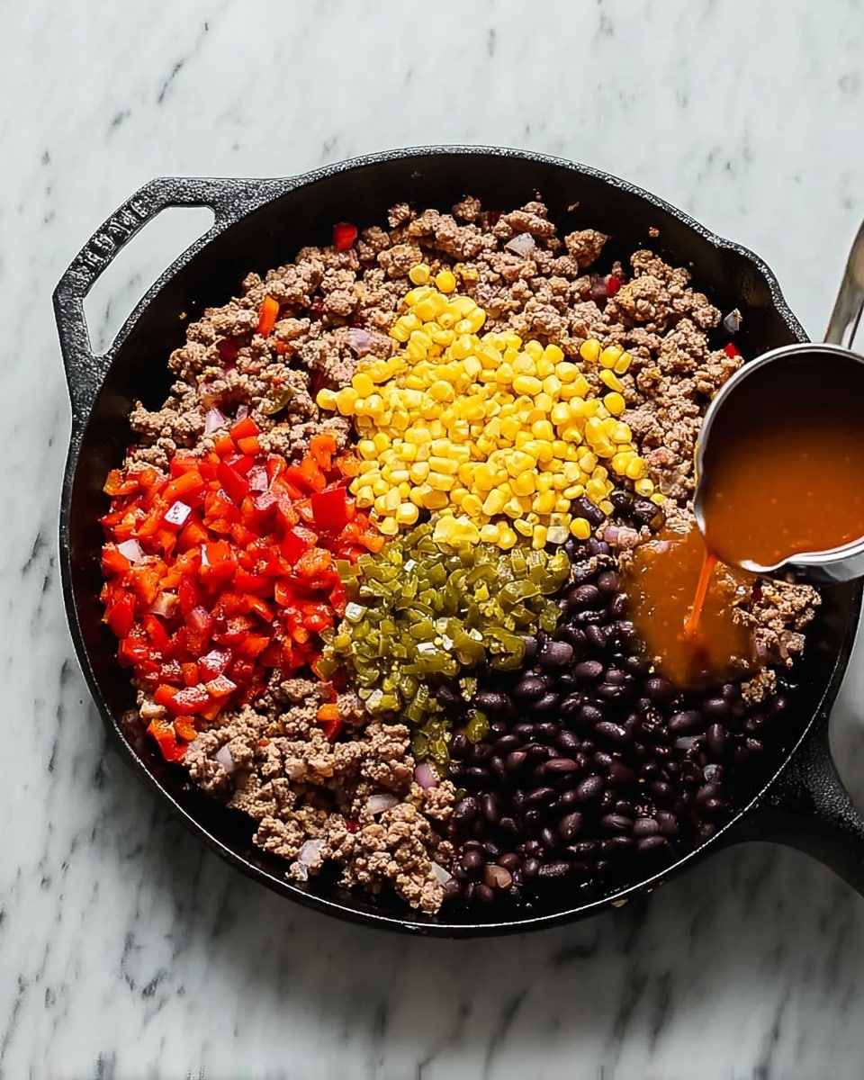 In the image, a black cast iron skillet is placed on a white marbled surface. Inside the skillet, ground cooked meat mixed with small pieces of red bell pepper and diced onion forms the base layer, covering most of the pan. On top of this, there are four separate piles arranged in a clockwise pattern: bright yellow corn kernels to the right, dark black beans below the corn, green chopped pickled peppers above the beans, and a reddish-brown sauce being poured from a silver measuring cup onto the bottom right section near the beans. The textures vary from crumbly meat to smooth, glossy beans and juicy vegetables, creating a colorful and hearty mix. Photo taken with an iphone --ar 4:5 --v 7