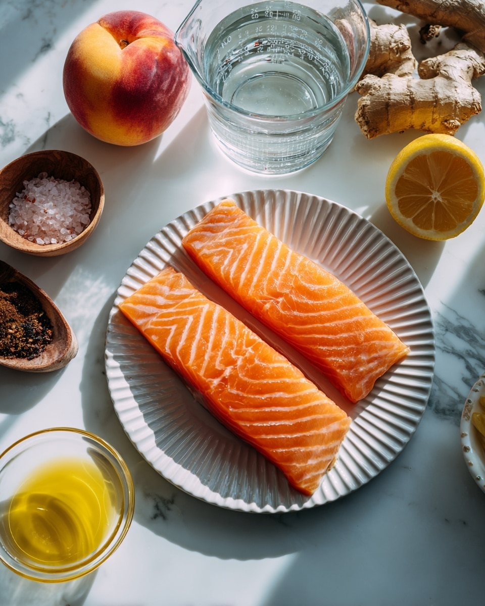 Two raw salmon fillets with a bright orange color and visible white lines lie side by side on a white plate with circular ridges, placed on a white marbled surface. Around the plate, there is a whole peach with orange and red hues, a glass measuring cup filled with clear water, a small glass bowl with dark brown coconut aminos, a piece of light brown ginger root, a wooden container holding pink salt, a small glass bowl with golden honey, a half lemon slice showing its juicy yellow interior, and another small glass bowl with bright yellow olive oil. Sunlight casts natural shadows, highlighting the fresh textures of all the ingredients. Photo taken with an iphone --ar 4:5 --v 7