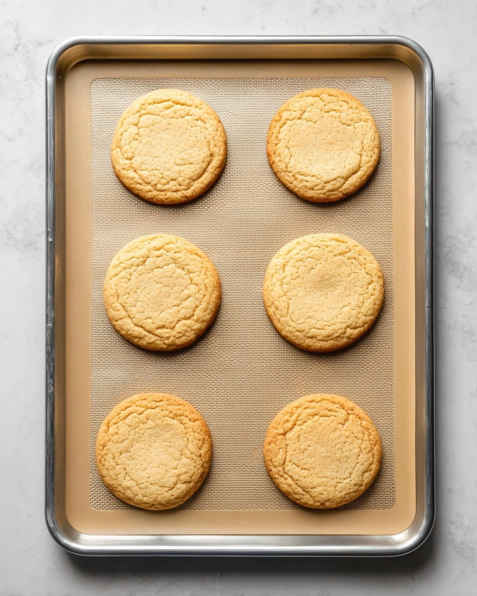 The image shows six round, golden-brown cookies evenly spaced on a silver baking tray lined with a light tan silicone baking mat. The cookies have a slightly rough and cracked surface texture, indicating a soft but firm bake. The baking tray sits on a white marbled surface, giving a clean and bright background to the warm tones of the cookies. Each cookie is about the same size and thickness, arranged in two vertical columns of three. The lighting highlights the cookies’ subtle color variations from light yellow to deeper golden hues, with slight shadowing beneath them. Photo taken with an iphone --ar 4:5 --v 7
