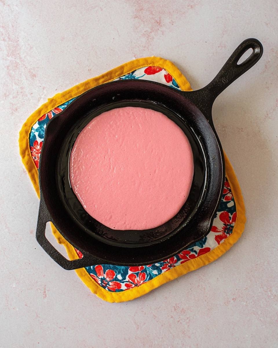 A single layer of smooth, round pink pancake batter is cooking in the center of a black cast iron skillet. The skillet has a butterfly imprint on one side, and a slight oily sheen surrounds the batter. The pan rests on a colorful fabric pot holder with yellow edges and red and blue floral patterns on a white marbled surface. The scene is viewed from above, showing the even thickness and soft texture of the pink batter. photo taken with an iphone --ar 4:5 --v 7
