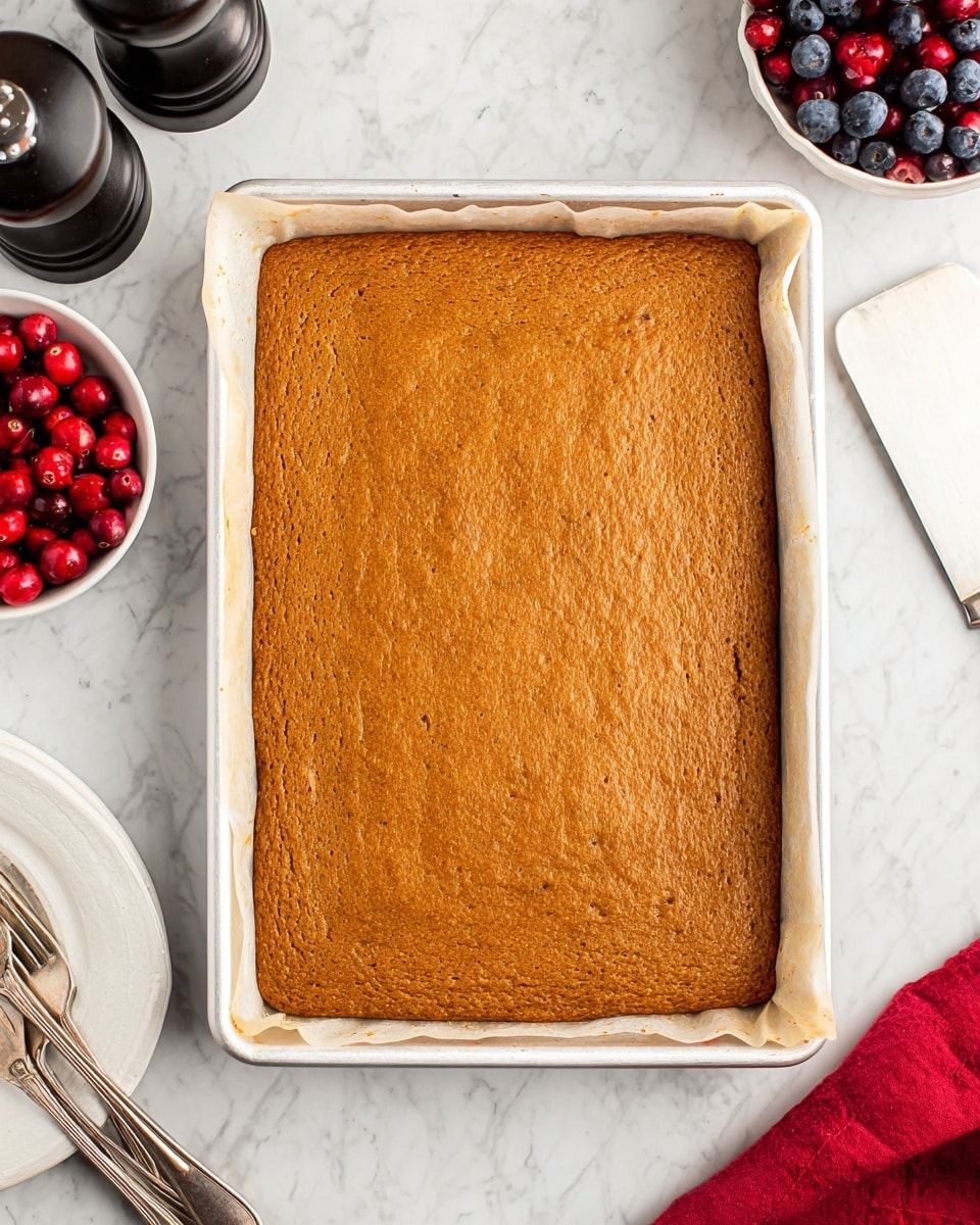 A large rectangular baked cake with a smooth, light brown surface fills a white baking tray lined with parchment paper. The cake has a slightly uneven texture with small cracks and faint swirls on top. Surrounding the tray are partial views of a white plate with silver forks, a black pepper grinder, a bowl of bright red cranberries, and another bowl partially visible with blueberries. The whole setup is placed on a white marbled surface with a red cloth in the corner, and a white spatula rests near the tray’s edge. photo taken with an iphone --ar 4:5 --v 7