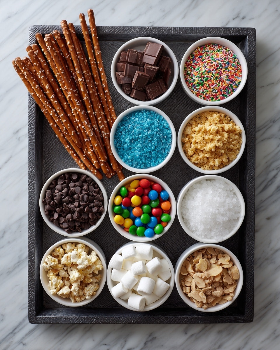 The image shows a dark textured tray on a white marbled surface, holding multiple small white bowls arranged neatly in a grid with three rows and four columns. The bowls contain different colorful and textured ingredients: top row has chocolate melting wafers in rich brown and white colors, bright multicolored sprinkles, and shredded white coconut; middle row has crunchy cookie crumbs in golden brown, tiny dark chocolate chips, and vibrant candy-coated chocolates in red, blue, green, yellow, orange, and brown; bottom row has small white marshmallows, light brown crushed graham crackers, and chopped crushed nuts in pale beige. Alongside the bowls, on the left side of the tray, are several long, shiny, brown pretzel rods with salt crystals on them. The image includes text labels on the pretzel rods and chocolate wafers for identification. photo taken with an iphone --ar 4:5 --v 7