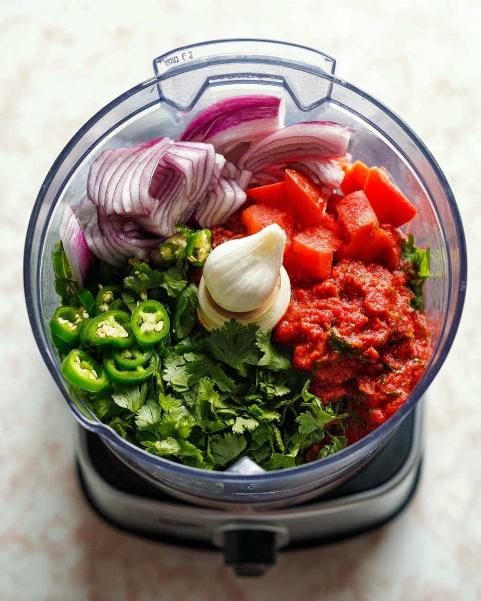 A clear blender bowl sits on a base with a white marbled surface underneath, filled with colorful fresh ingredients. The bottom layer shows bright green leafy cilantro with a single white garlic clove resting on top. Above this, there are chopped roasted red tomatoes creating a chunky, wet red layer on one side. Bright green jalapeño pieces with visible seeds sit next to the tomatoes. On the top left, thick slices of purple and white onion rest, adding a pop of purple to the mix. The ingredients are fresh, vibrant, and ready to be blended. Photo taken with an iphone --ar 4:5 --v 7