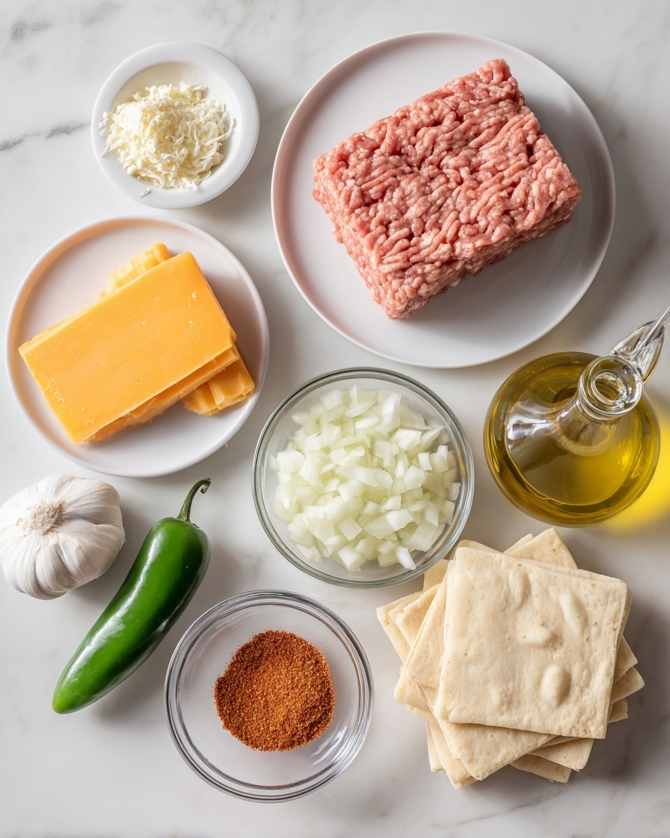 The image shows various ingredients neatly arranged on a white marbled surface, each labeled with text. There is a white plate at the top center holding a rectangular block of raw ground turkey with visible textured lines. To the left, a small white plate holds a thick slice of cheddar cheese, colored bright yellow-orange. Below that is a small clear glass bowl containing chopped white onion pieces. Next to it is a small white bowl filled with reddish-brown taco seasoning powder. In the middle of the image, a whole green jalapeno pepper is placed alongside a whole bulb of garlic with white papery skin. On the right side, a tall clear glass bottle filled with golden olive oil has a metal pour spout. Near the bottle is a white package of wonton wraps with green and orange text. The background and all placements create a clean, organized look. Photo taken with an iphone --ar 4:5 --v 7