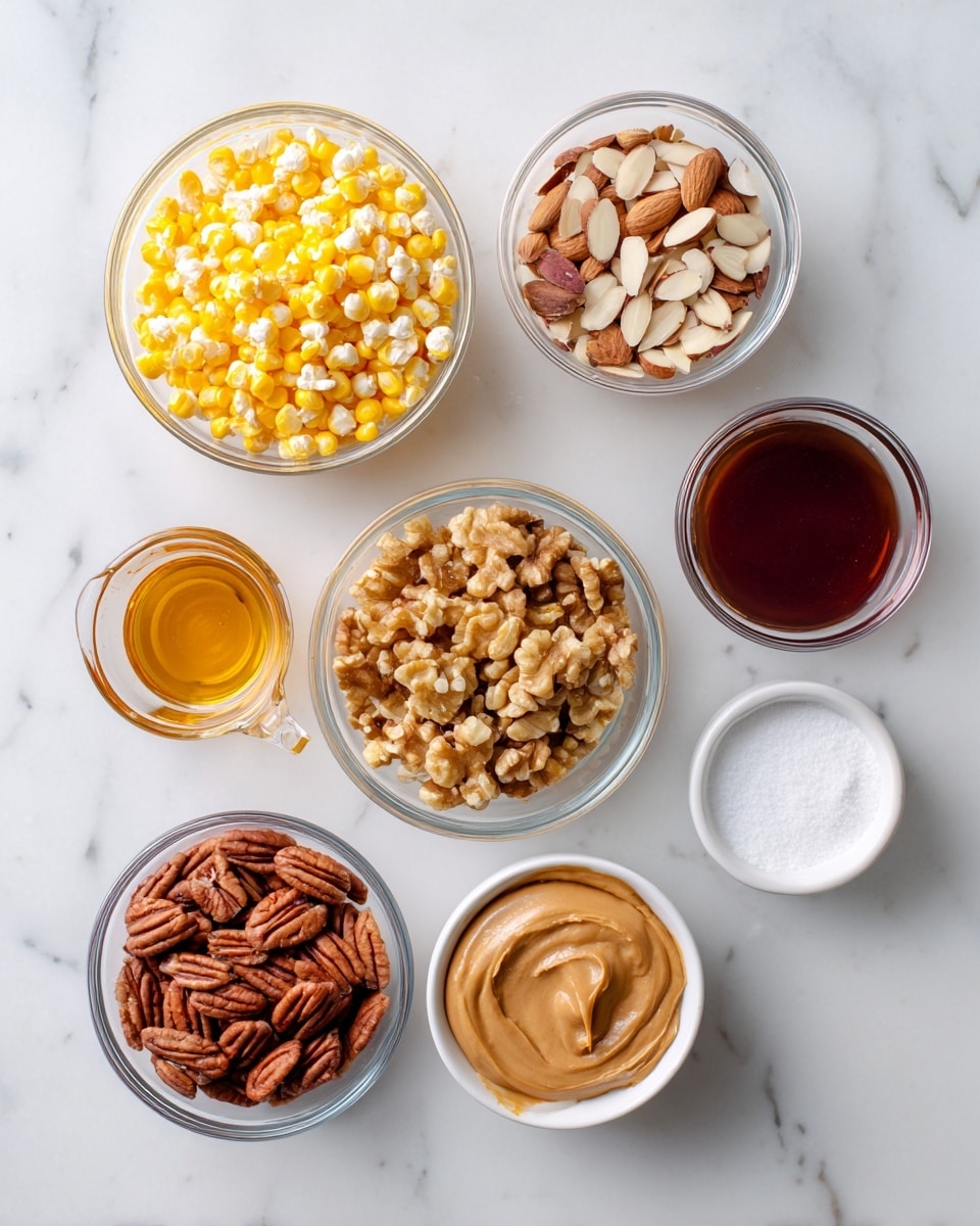 The image shows eight small clear glass bowls arranged neatly on a white marbled surface. Starting from the top left, there is a bowl filled with bright yellow and white popcorn kernels. To the right of it is another bowl with small chopped almond pieces in light brown and white colors. Below the popcorn kernels is a bowl with chopped walnuts, showing a mix of tan and dark brown pieces. To the right of the walnuts, there is a bowl filled with reddish-brown pecans. Below the walnuts and pecans, there is a white bowl with smooth, light brown peanut butter. To the right of the peanut butter is a bowl with creamy almond butter in a slightly darker light brown color. Below the almond pieces and close to the peanut butter bowl is a small clear bowl with white salt. To the left of the salt bowl is a transparent glass measuring cup with golden amber honey inside. Nearby, there is a white bowl with deep brown maple syrup. The scene is clean and bright, showing each ingredient clearly in separate containers. Photo taken with an iphone --ar 4:5 --v 7
