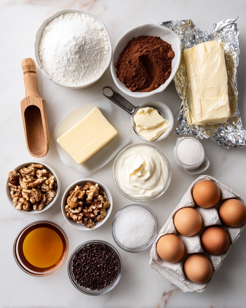 The image shows 11 baking ingredients laid out on a white marbled surface, each labeled clearly in black font on white. There is a wooden scoop in a small white bowl full of white sugar on the top left. To the right of it, a small white bowl contains brown cocoa powder with a rough texture. Next is a white measuring cup filled with smooth, white sour cream. Below the sour cream is a small white bowl of chopped walnuts in light and dark brown shades. In the center, a stick of pale yellow butter lies horizontally. Near the butter is a foil-wrapped block of cream cheese with part of the foil open showing the soft white cheese. To the right, there's a small clear glass bowl of amber vanilla extract. Below the vanilla is a small white bowl of dark brown chocolate sprinkles. Beneath the walnuts are five brown eggs sitting in a white egg tray. Next to the eggs is a metal scoop filled with white all-purpose flour. A small clear bowl with white baking powder and salt is placed near the eggs. The whole setup is bright and neat. Photo taken with an iphone --ar 4:5 --v 7