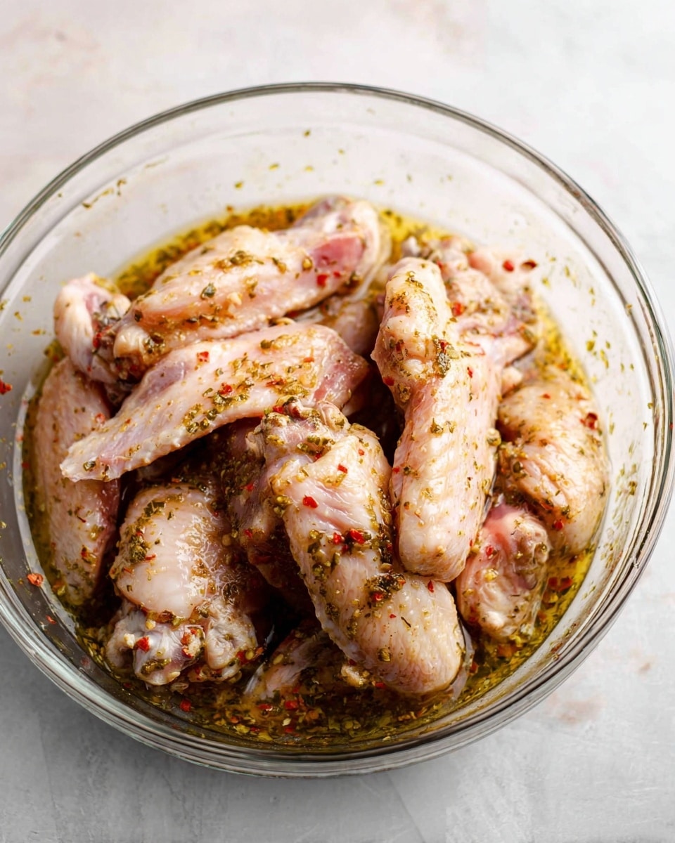 A clear glass bowl holds raw chicken wings coated in a light marinade with visible pieces of red and green herbs and spices. The chicken wings are pale pink with some white fat and skin showing, layered loosely across each other, partially submerged in the marinade that has an oily texture and small herb bits. The bowl is placed on a white marbled surface with a soft light highlighting the glossy texture of the marinade and the natural details of the chicken wings. photo taken with an iphone --ar 4:5 --v 7