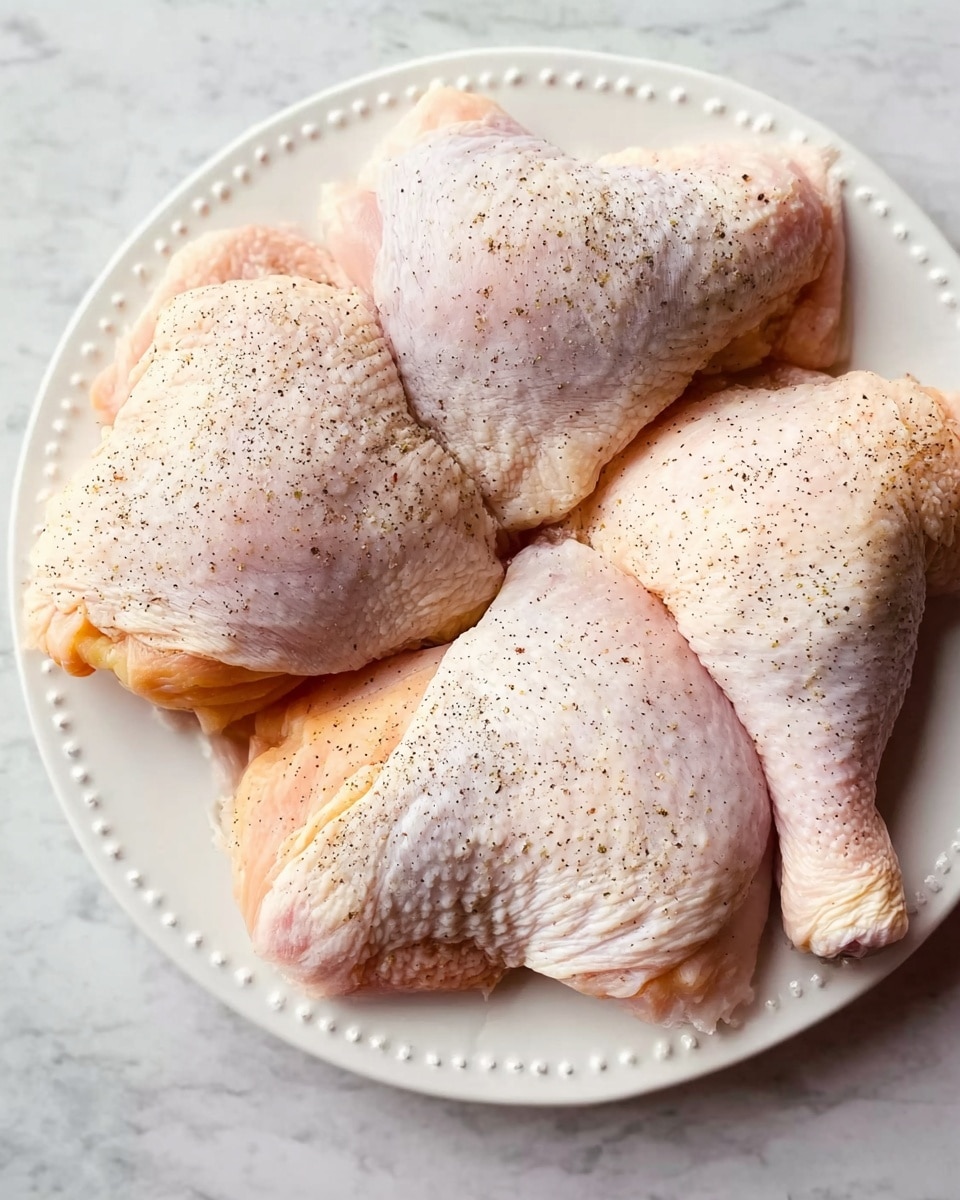 The image shows four raw chicken leg quarters arranged on a white plate with small bead-like patterns on its edge. Each piece has a pale pink skin with a light dusting of black pepper and salt, displaying a slightly moist texture. The chicken pieces are placed closely together, filling most of the plate which sits on a white marbled surface. The overall look is fresh and ready for cooking, showing natural variations in skin tone and texture. photo taken with an iphone --ar 4:5 --v 7